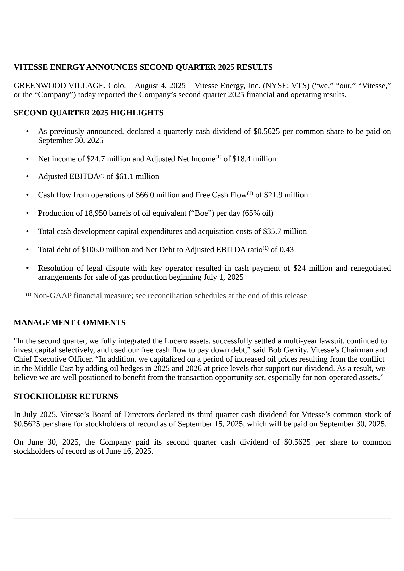 Vitesse Energy's Q2 2025 Press Release