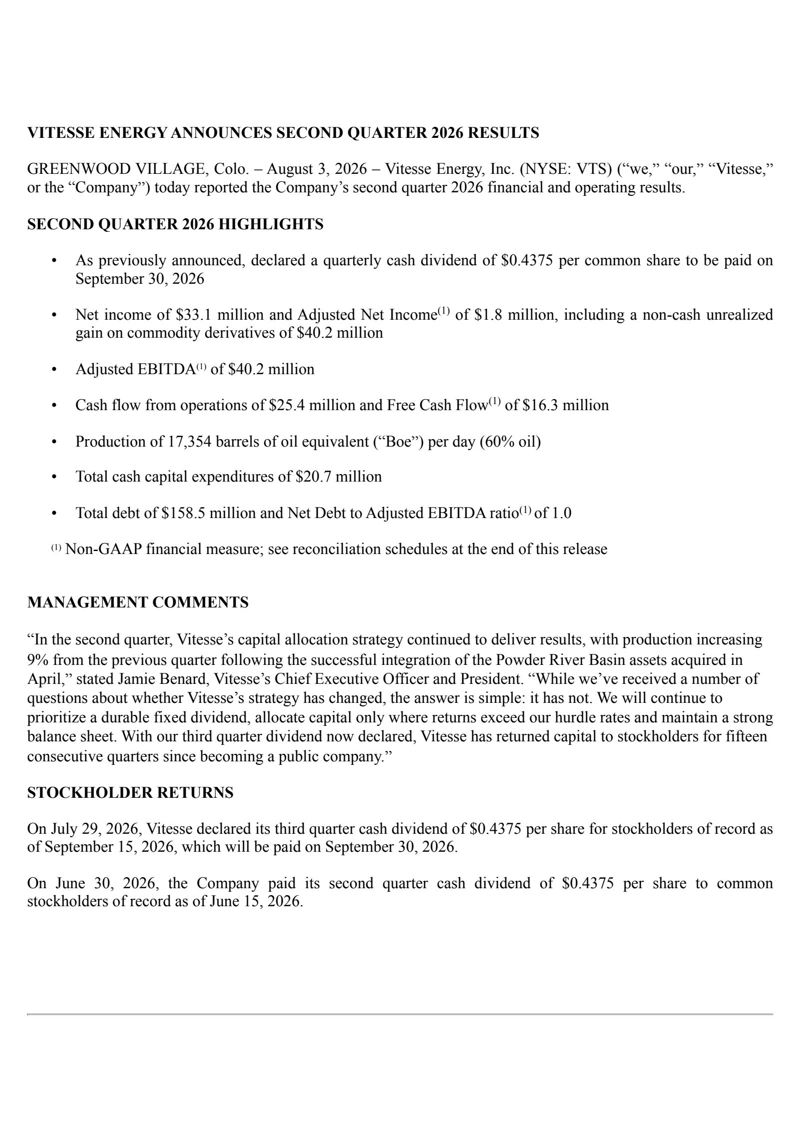 Vitesse Energy's Q2 2026 Press Release