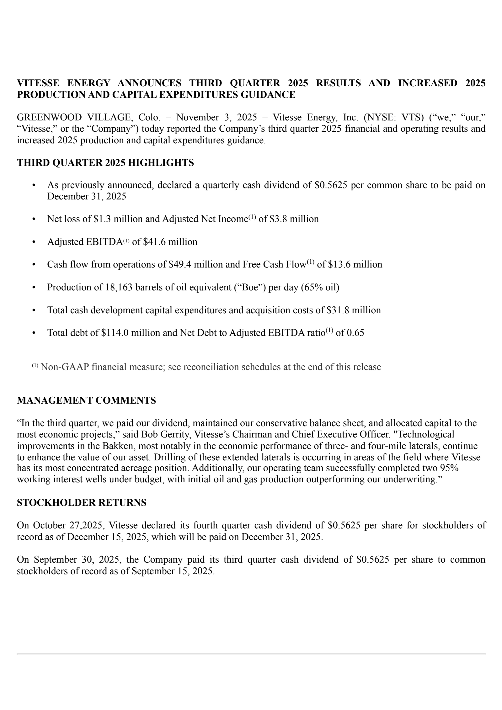 Vitesse Energy's Q3 2025 Earnings Release