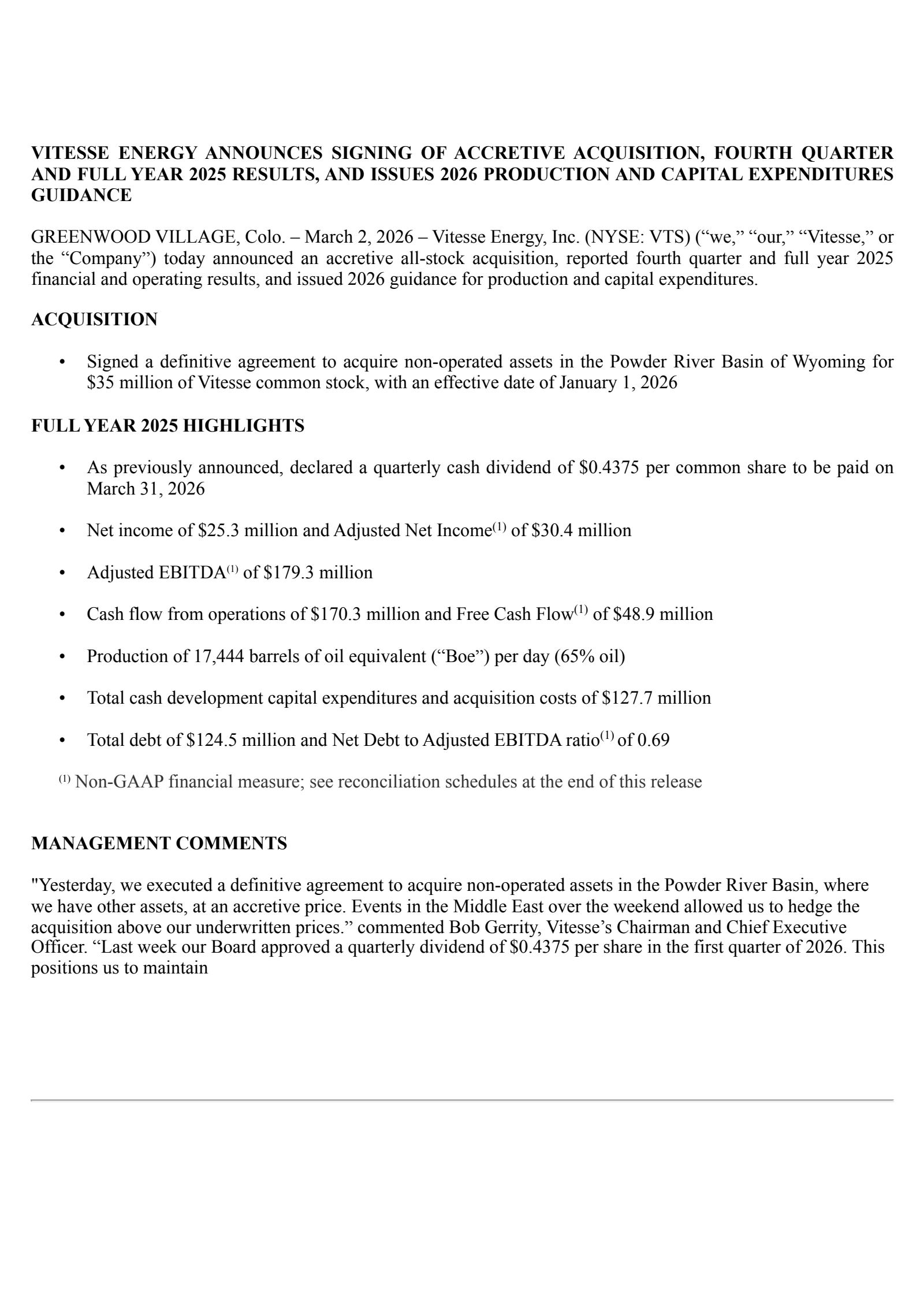 Vitesse Energy's Q4 2025 Press Release