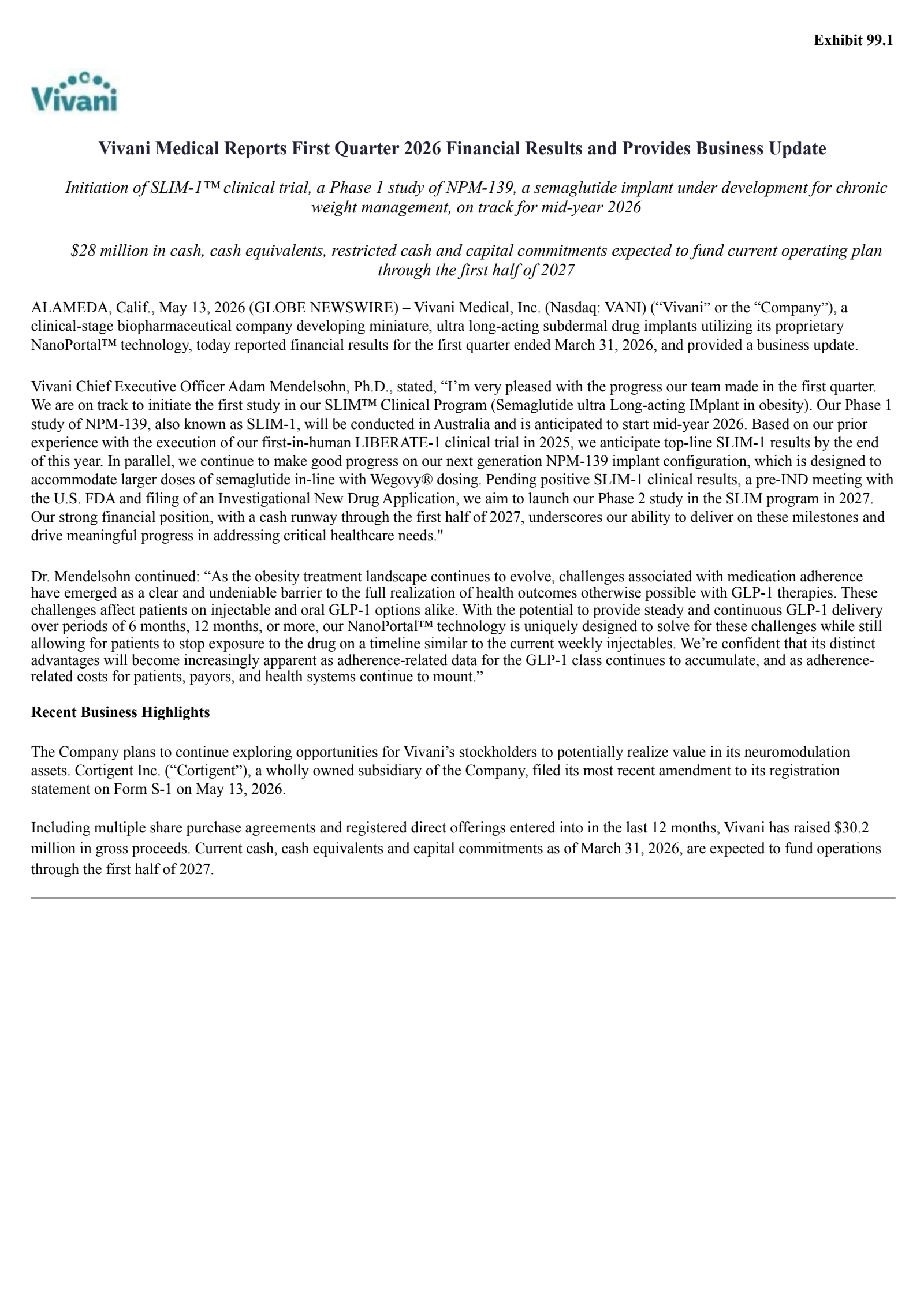 Vivani Medical's Q1 2026 Press Release