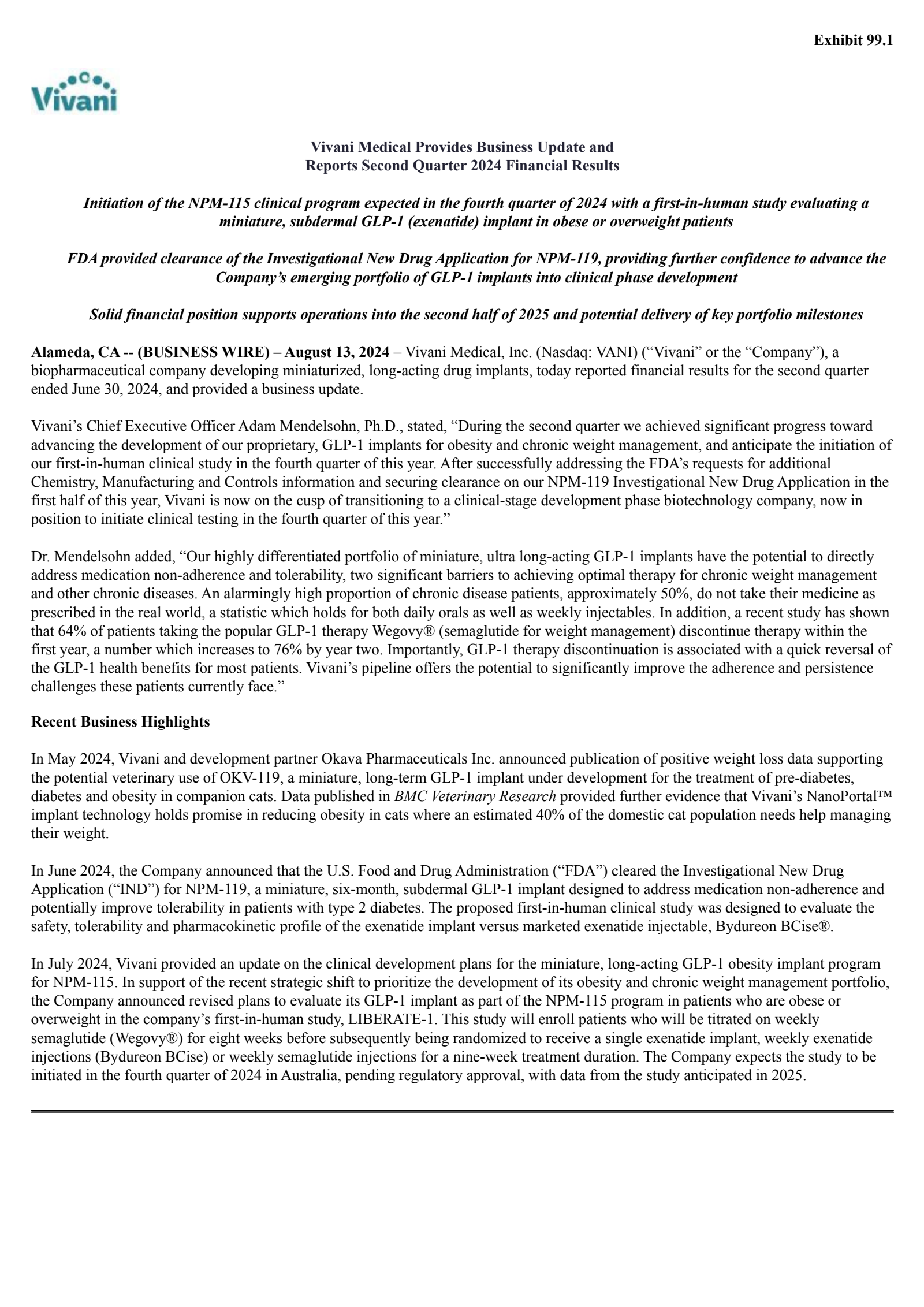 Vivani Medical's Q2 2024 Press Release