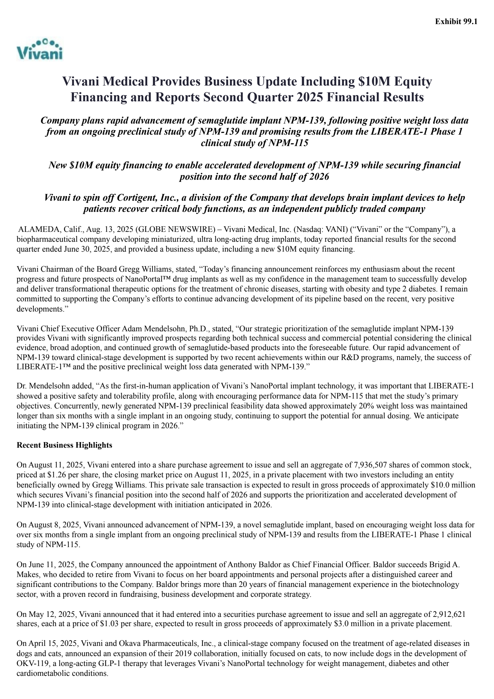Vivani Medical's Q2 2025 Press Release
