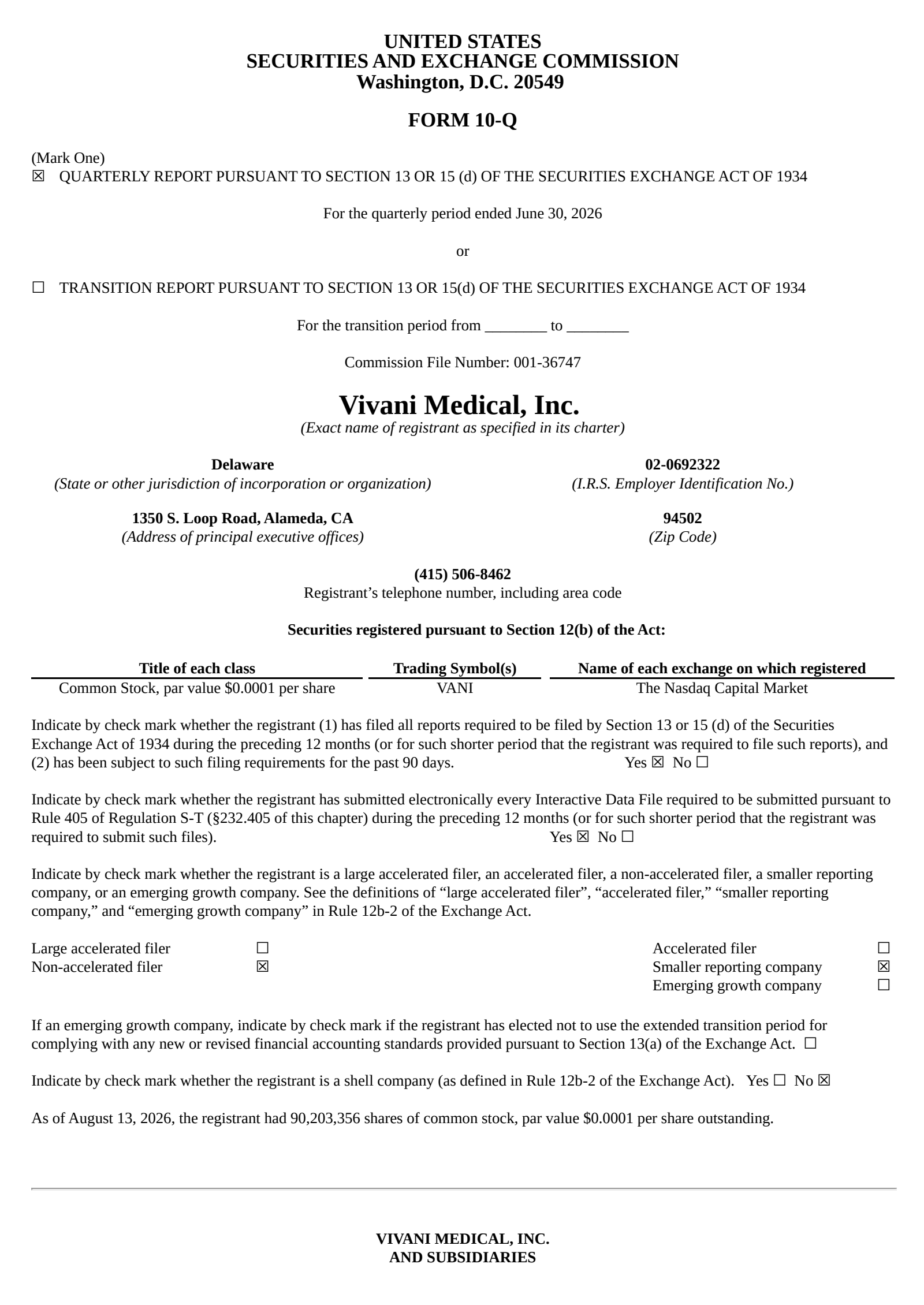 Vivani Medical's Q2 2026 Quarterly report