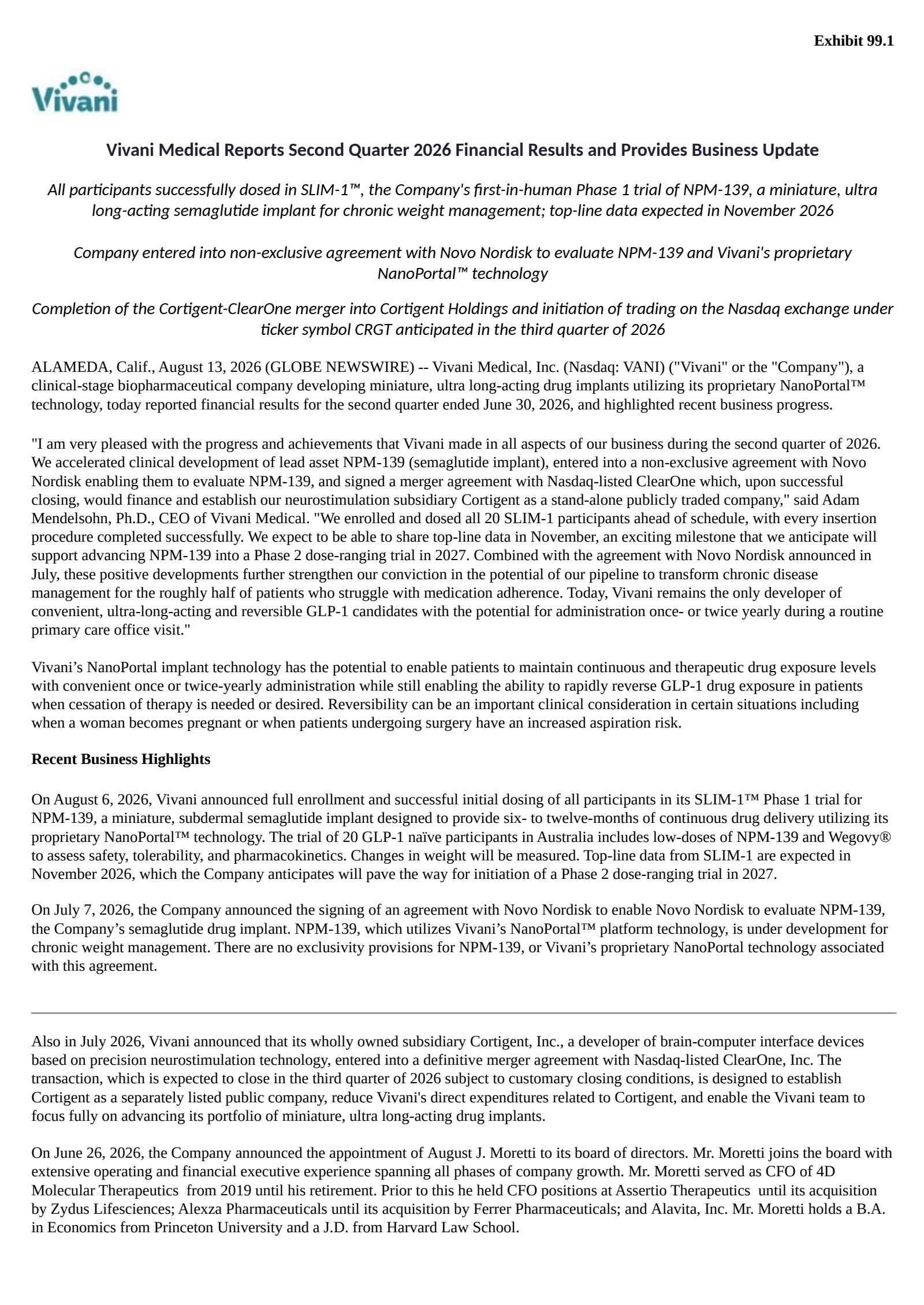 Vivani Medical's Q2 2026 Press Release