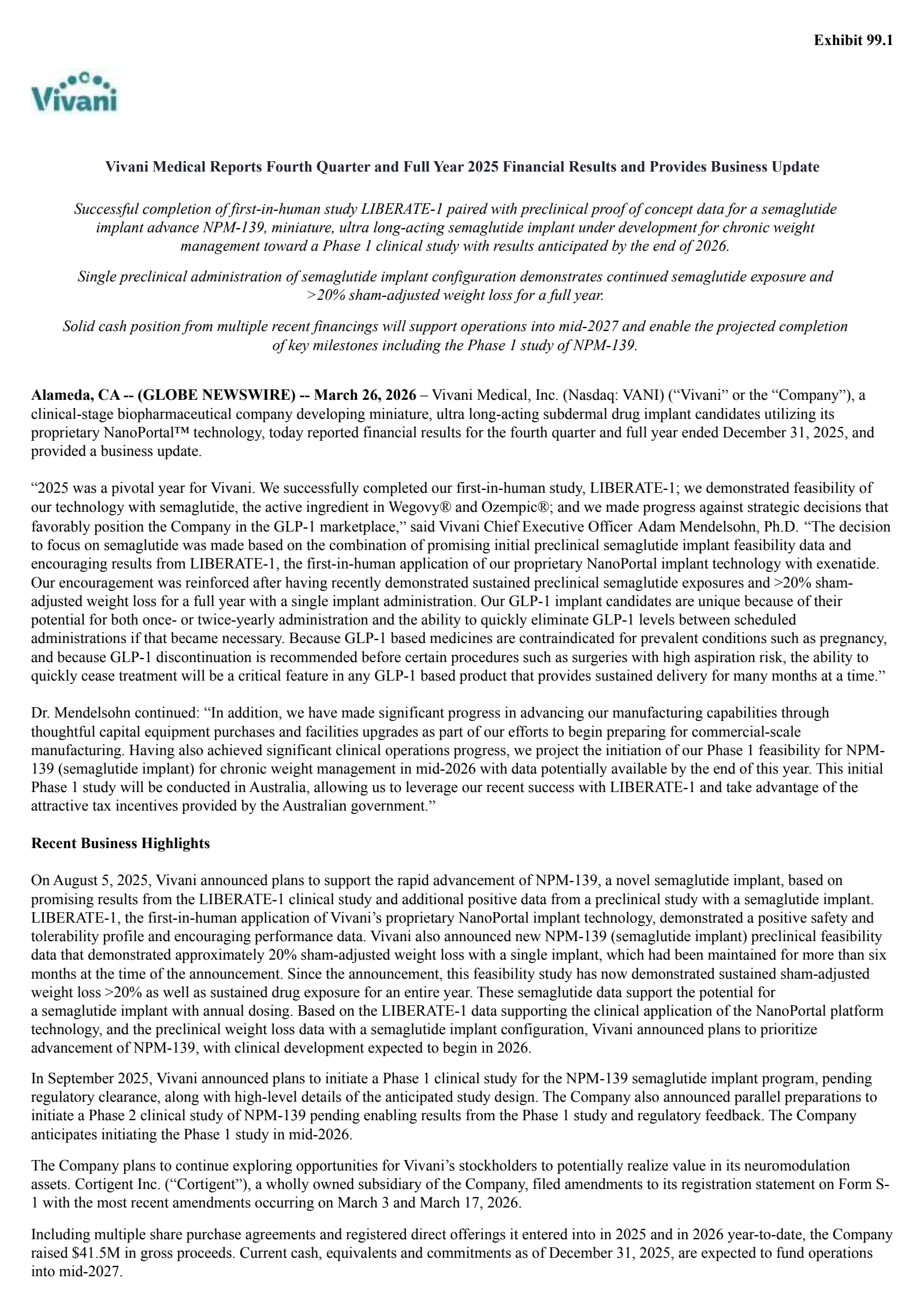 Vivani Medical's Q4 2025 Press Release