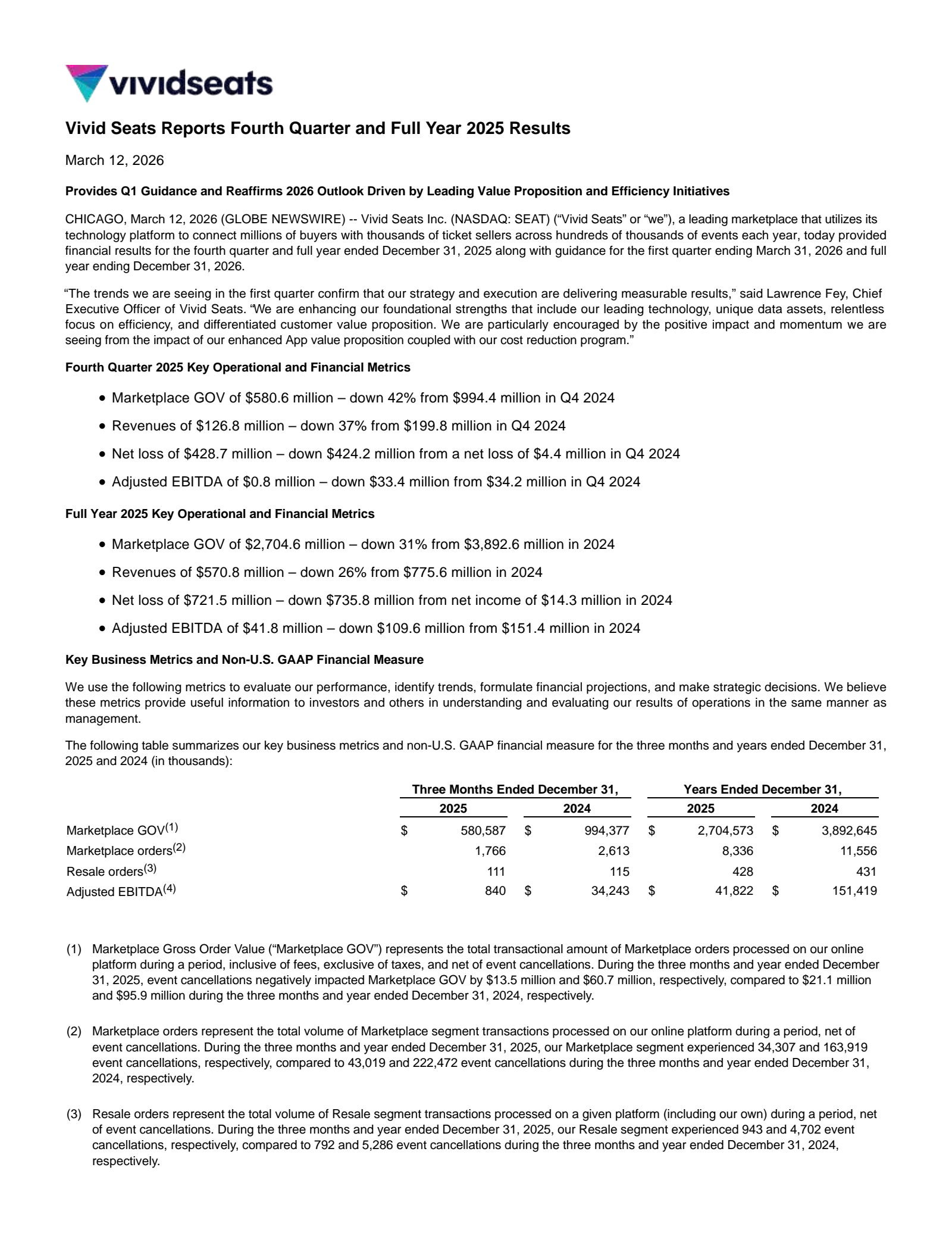 Vivid Seats' Q4 2025 Press Release