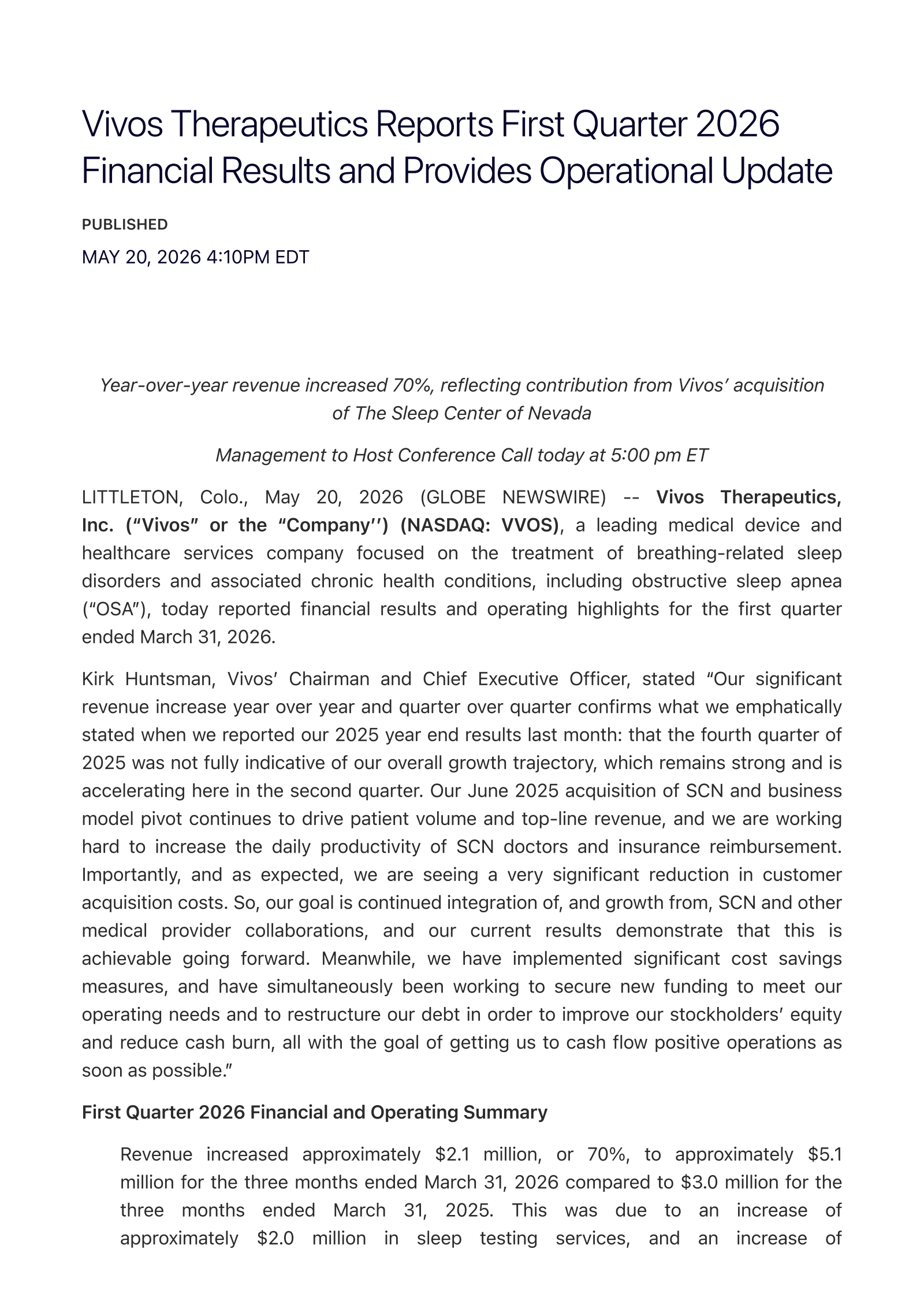Vivos Therapeutics' Q1 2026 Press Release