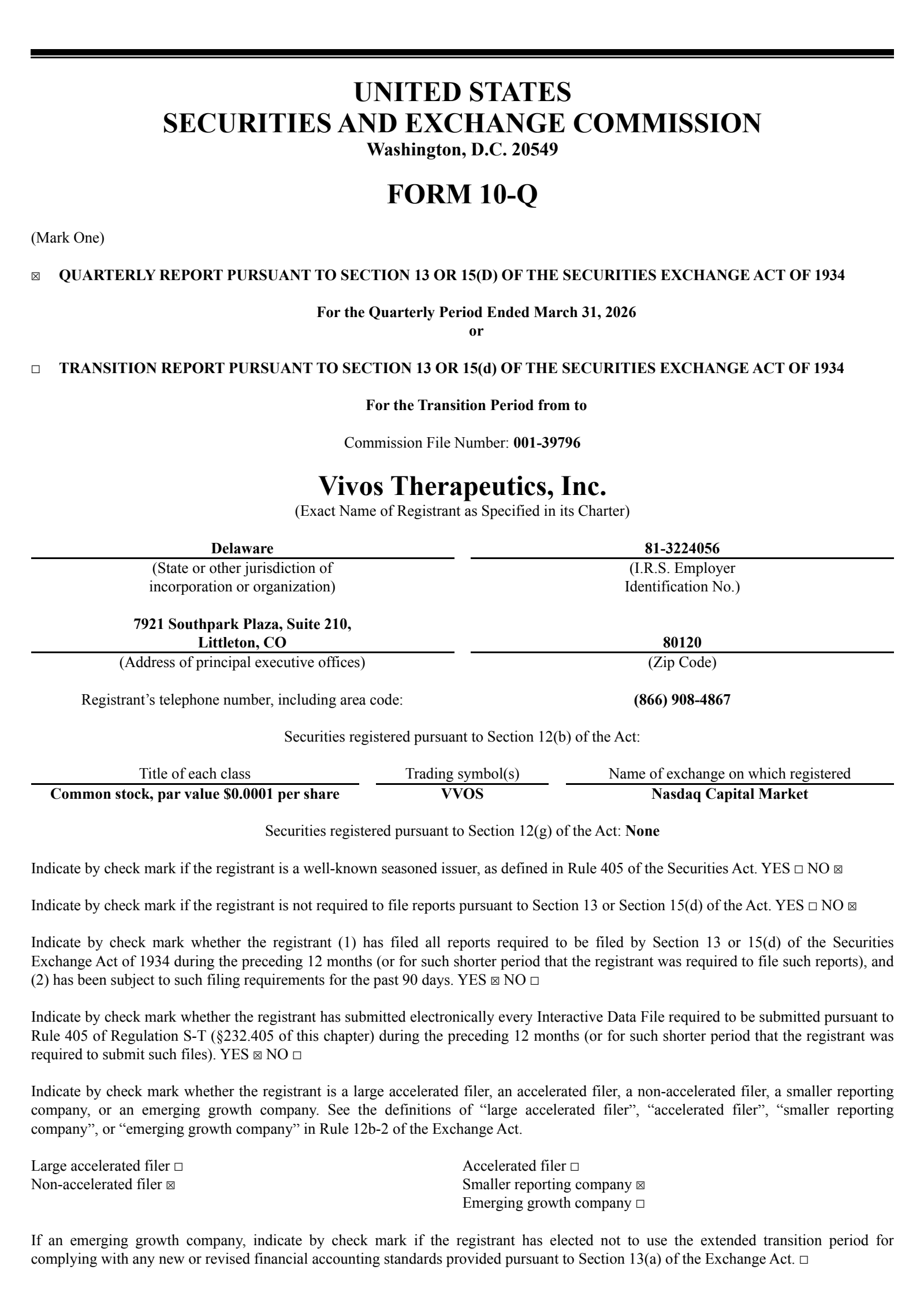 Vivos Therapeutics' Q1 2026 Quarterly report