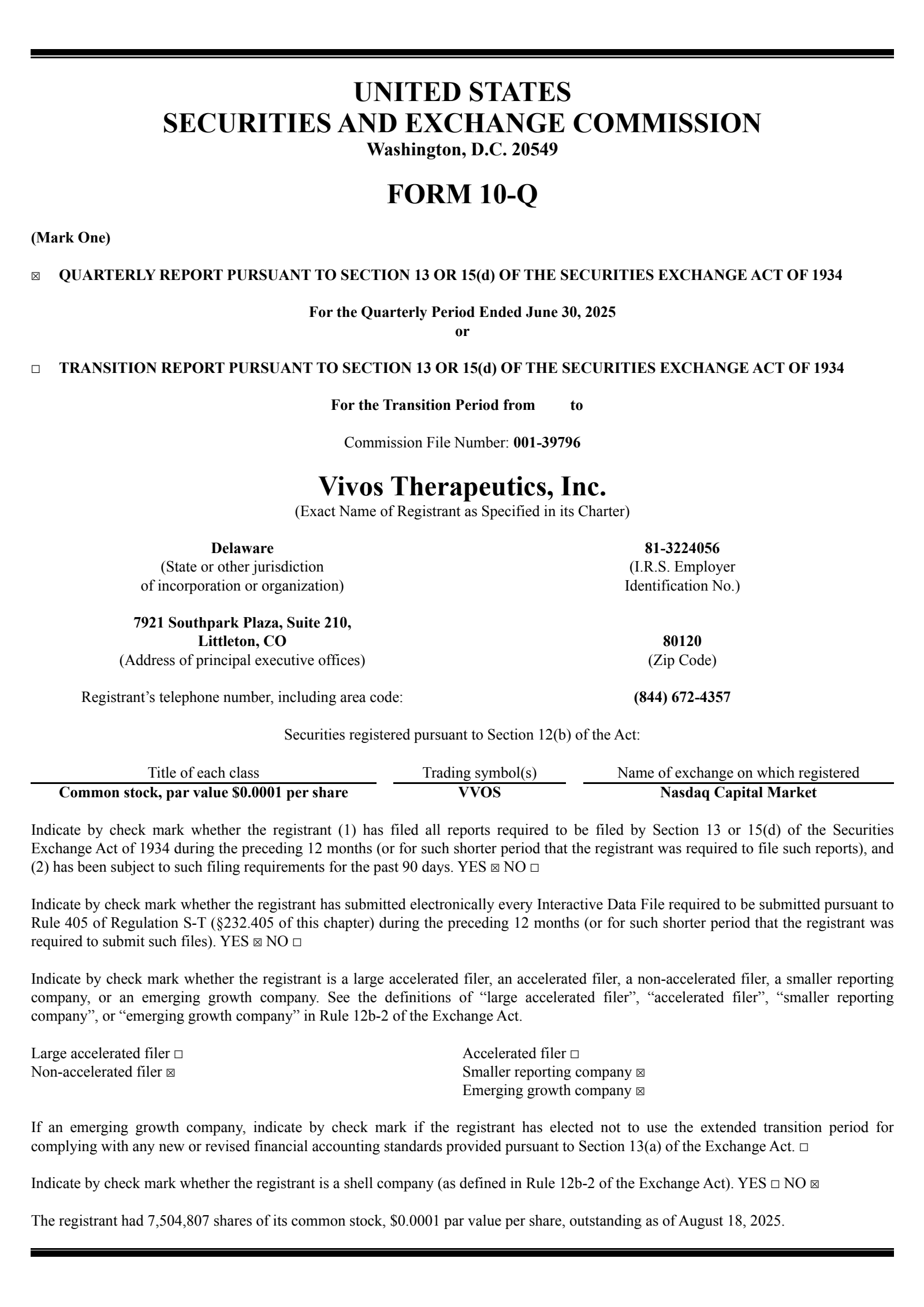 Vivos Therapeutics' Q2 2025 Quarterly report