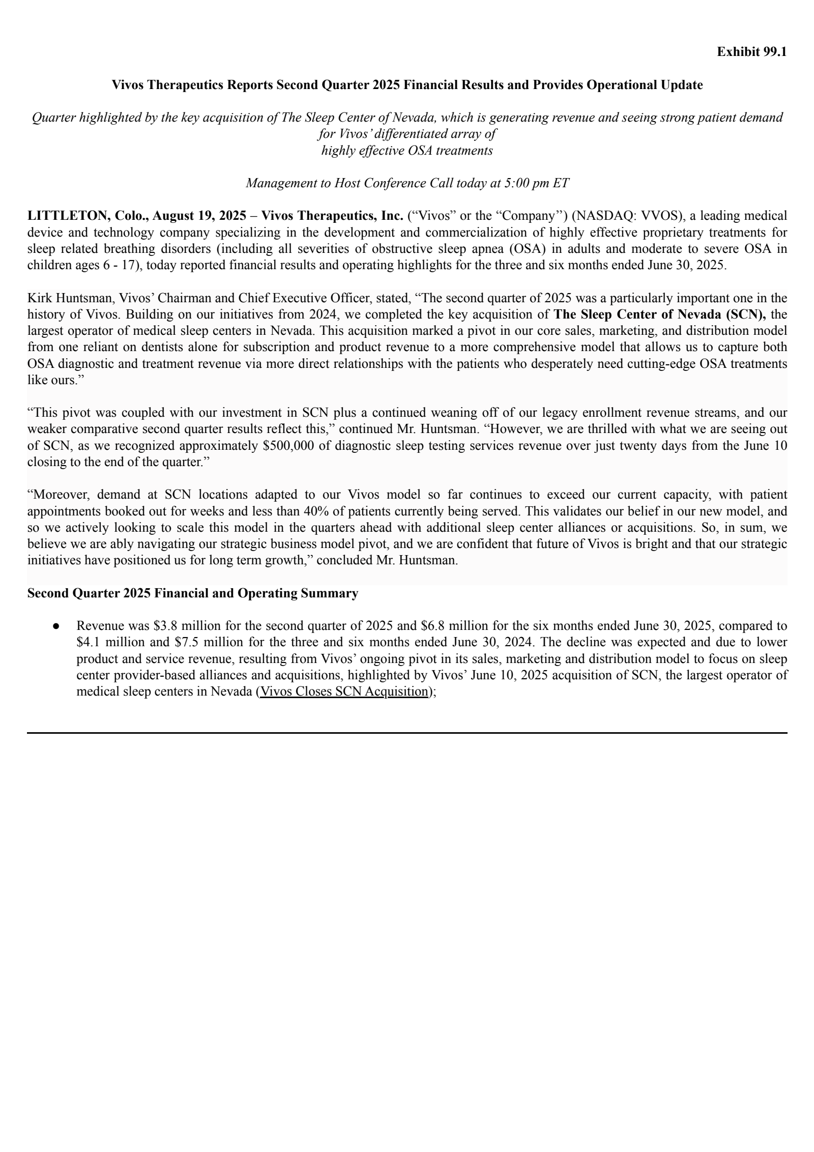 Vivos Therapeutics' Q2 2025 Press Release