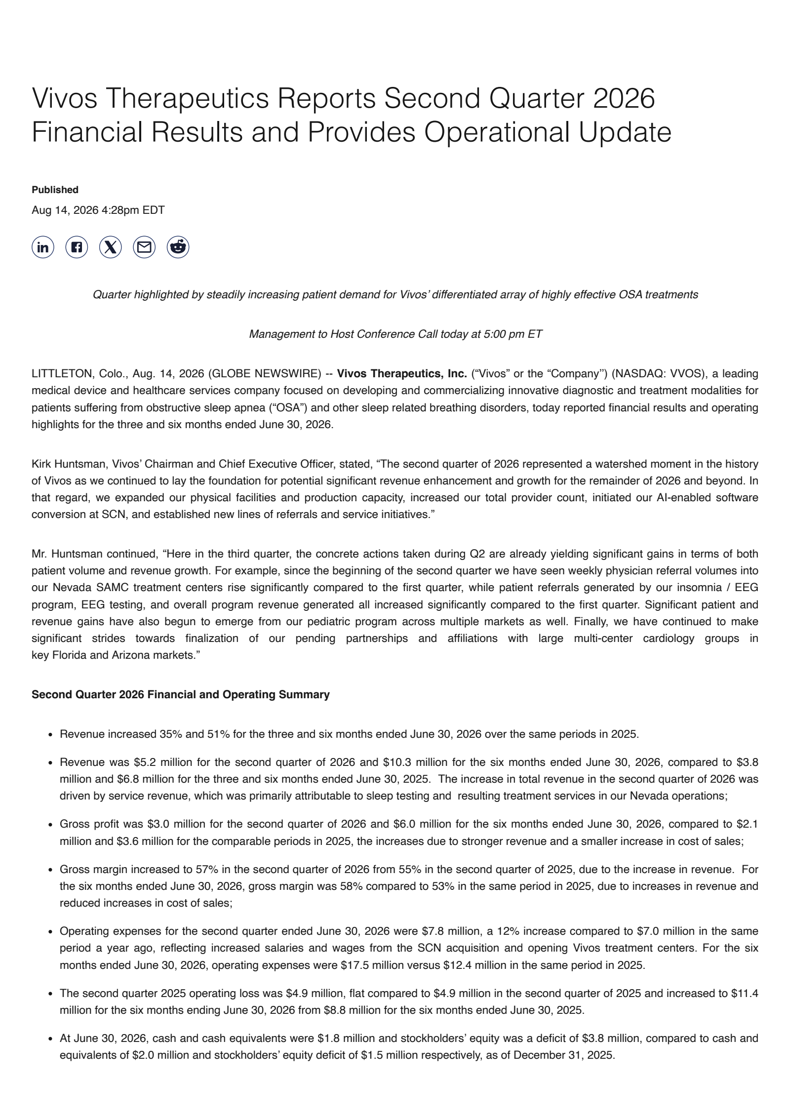 Vivos Therapeutics' Q2 2026 Press Release
