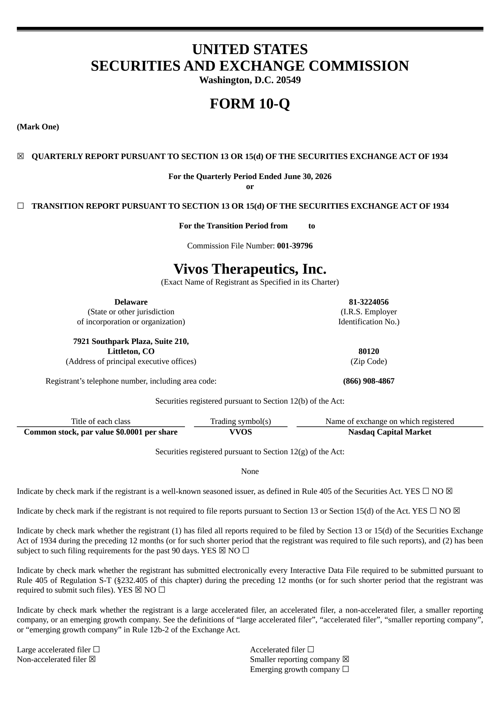 Vivos Therapeutics' Q2 2026 Quarterly report