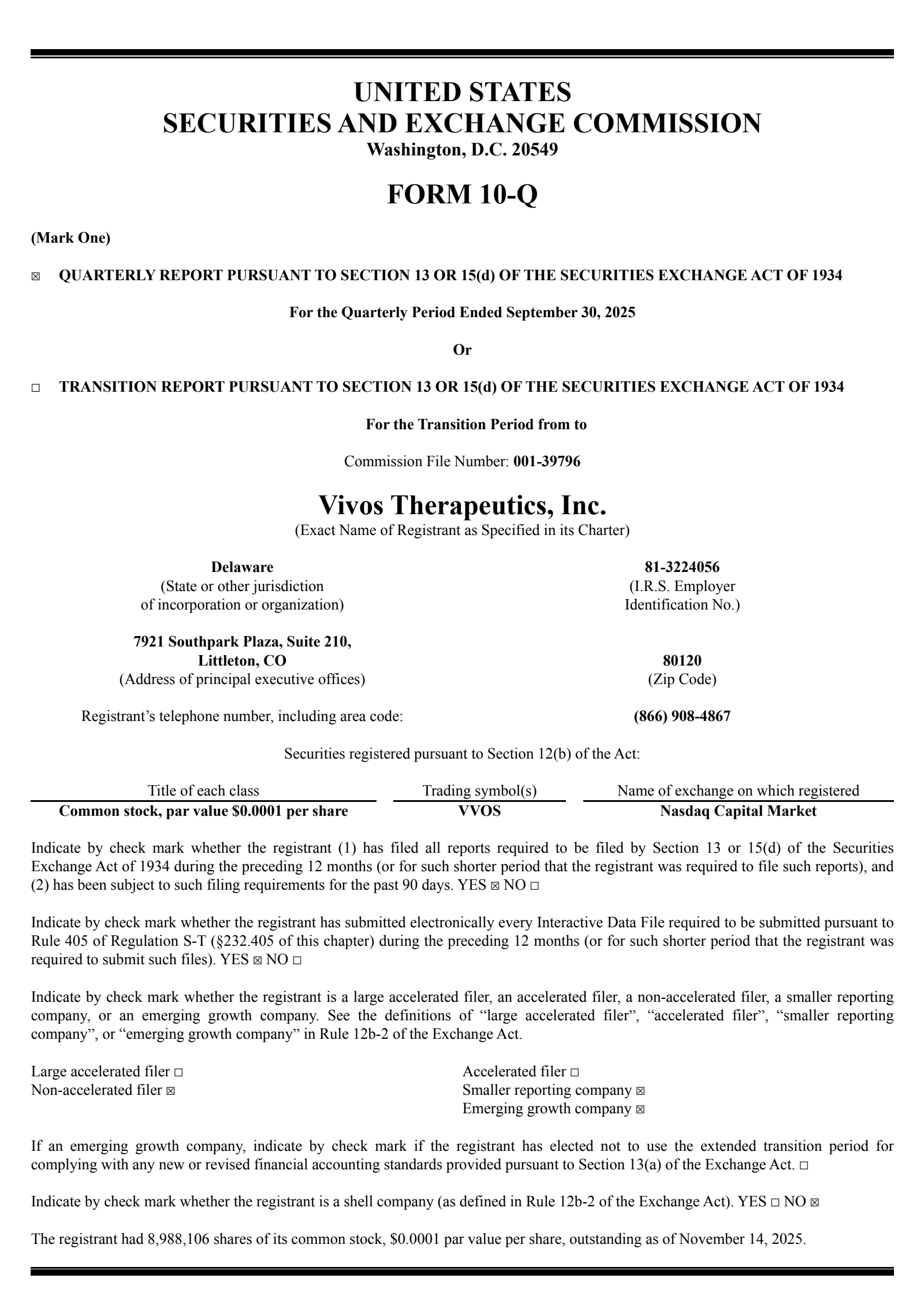 Vivos Therapeutics' Q3 2025 Quarterly Report