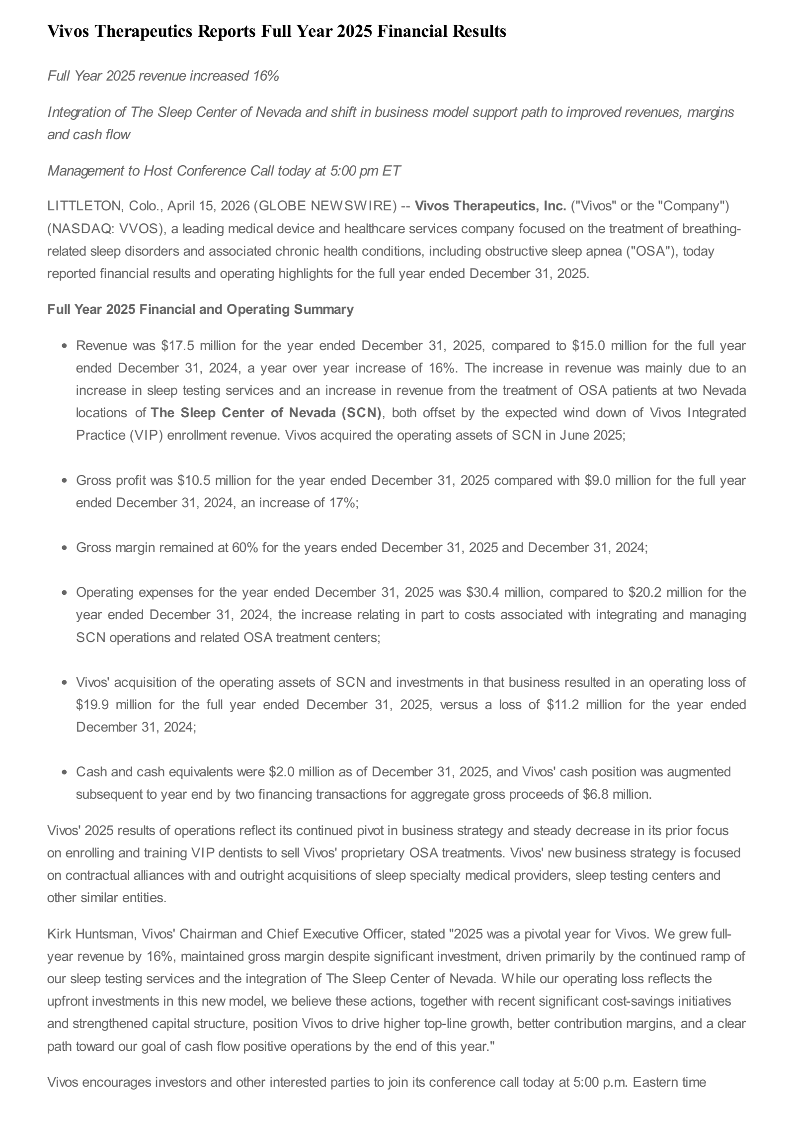 Vivos Therapeutics' Q4 2025 Press Release