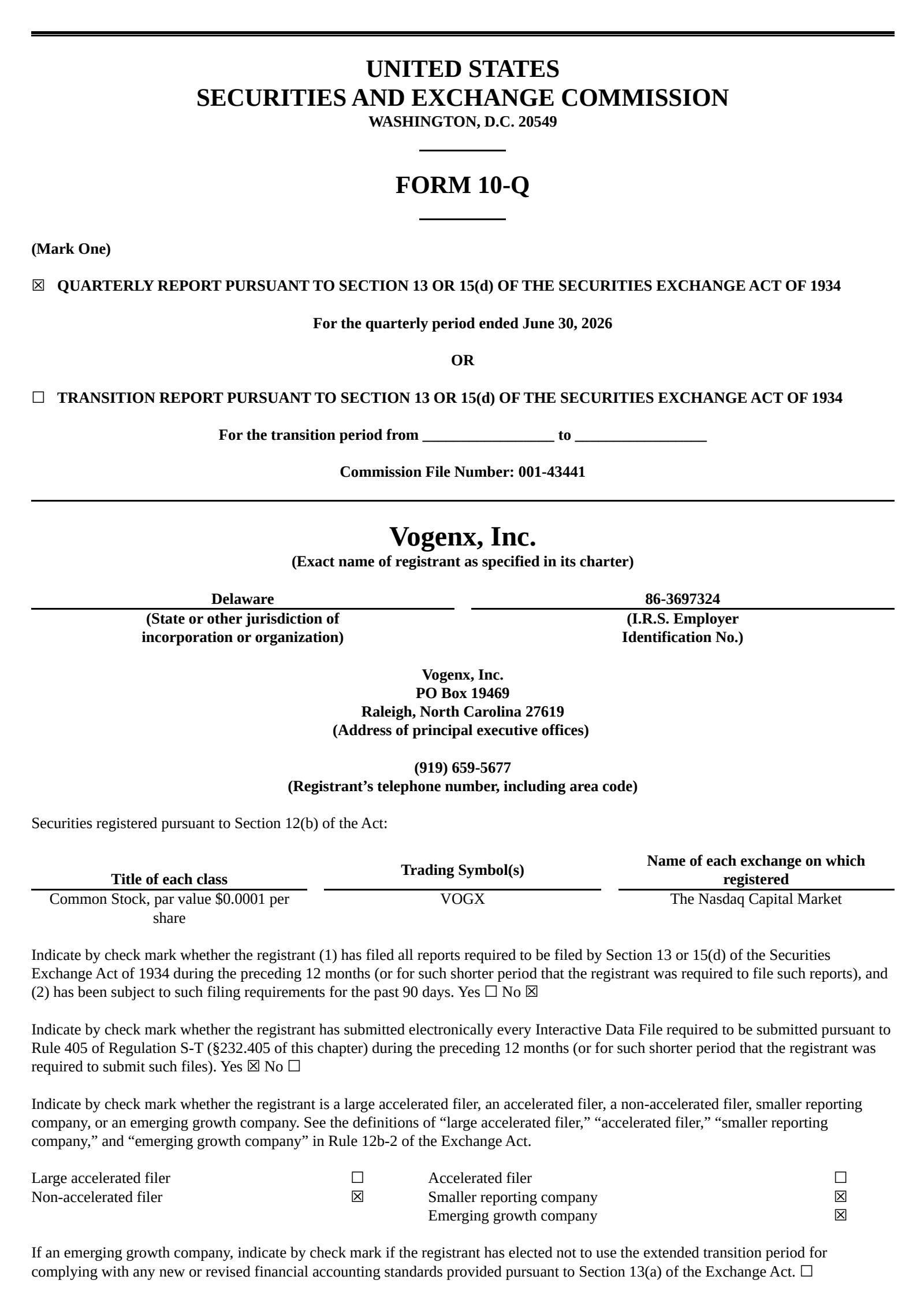 Vogenx's Q2 2026 Quarterly report