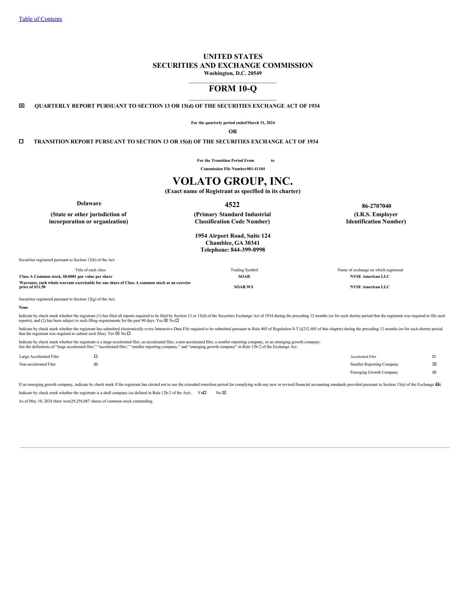 Volato Group's Q1 2024 Quarterly Report