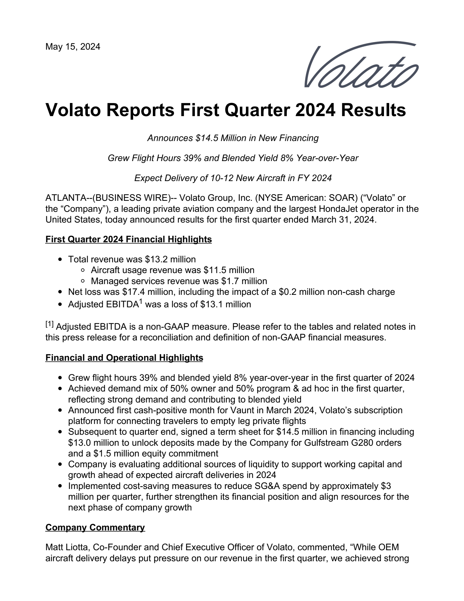 Volato Group's Q1 2024 Press Release