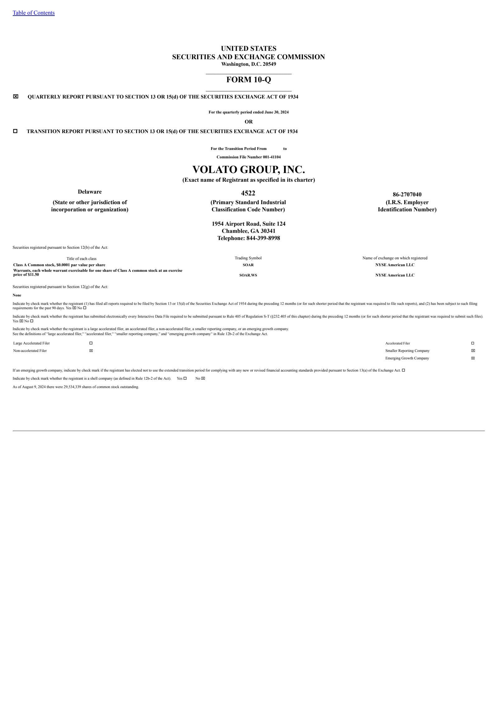 Volato Group's Q2 2024 Quarterly Report