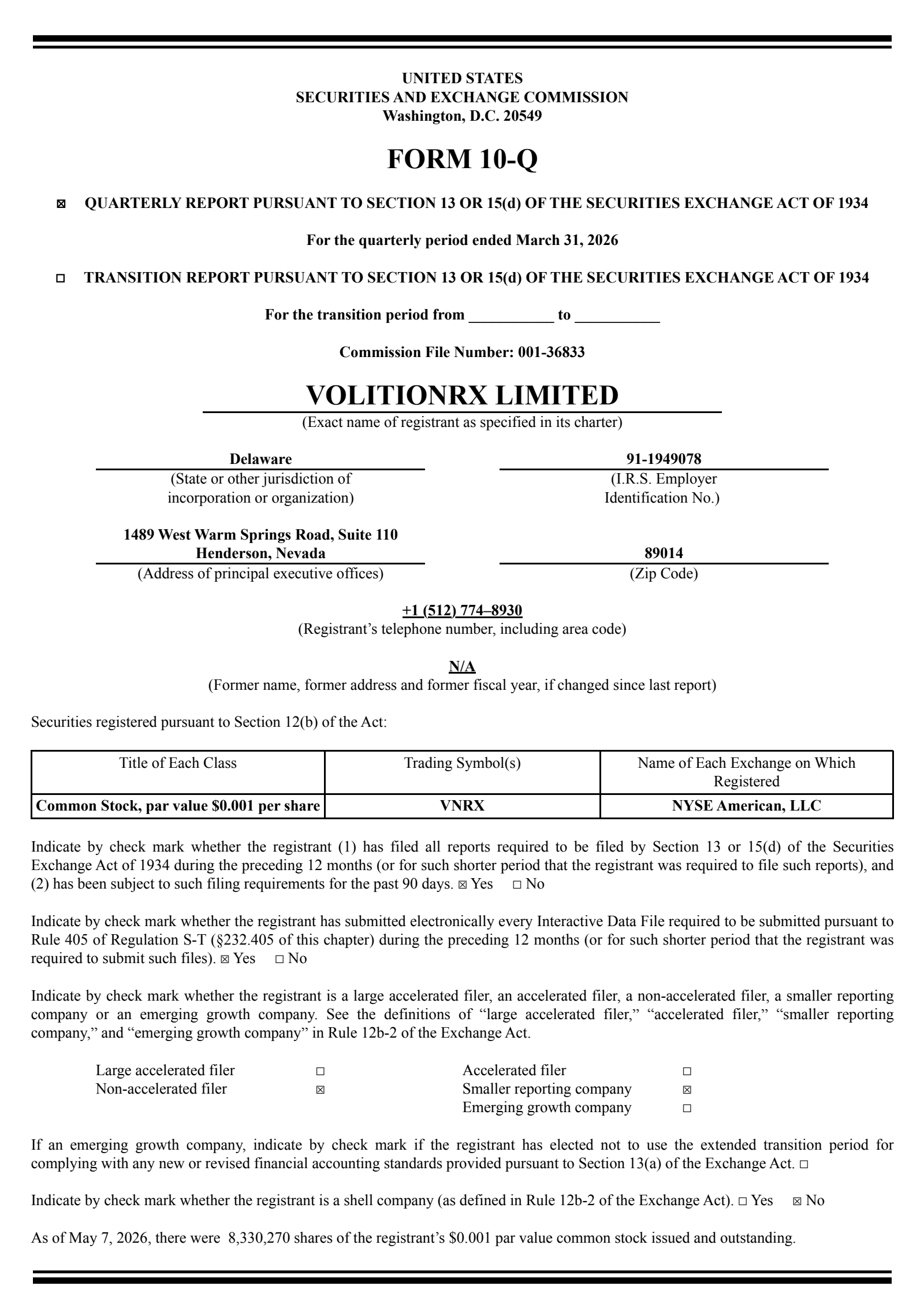 VolitionRX's Q1 2026 Quarterly report