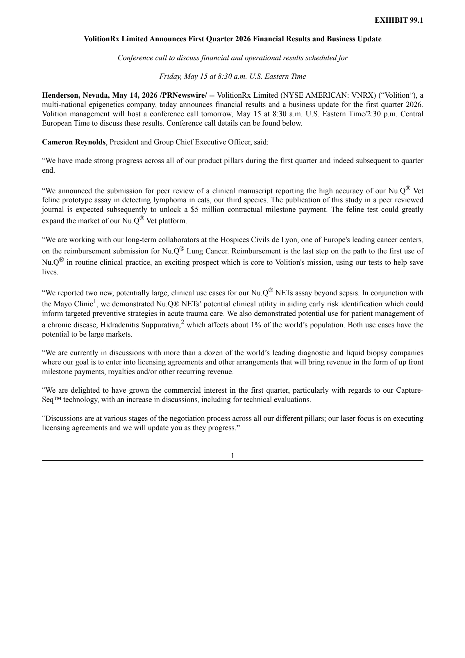 VolitionRX's Q1 2026 Press Release