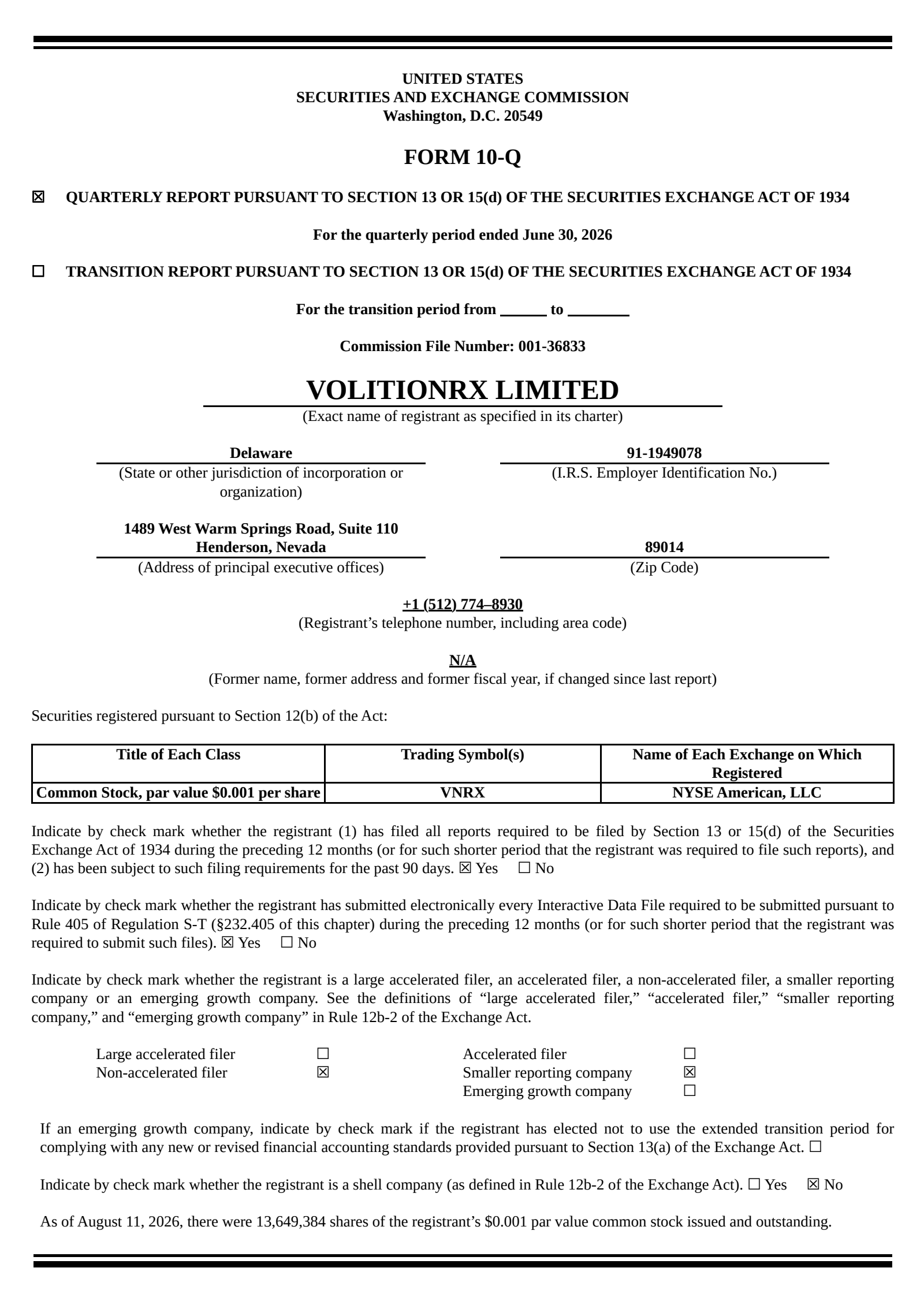 VolitionRX's Q2 2026 Quarterly report