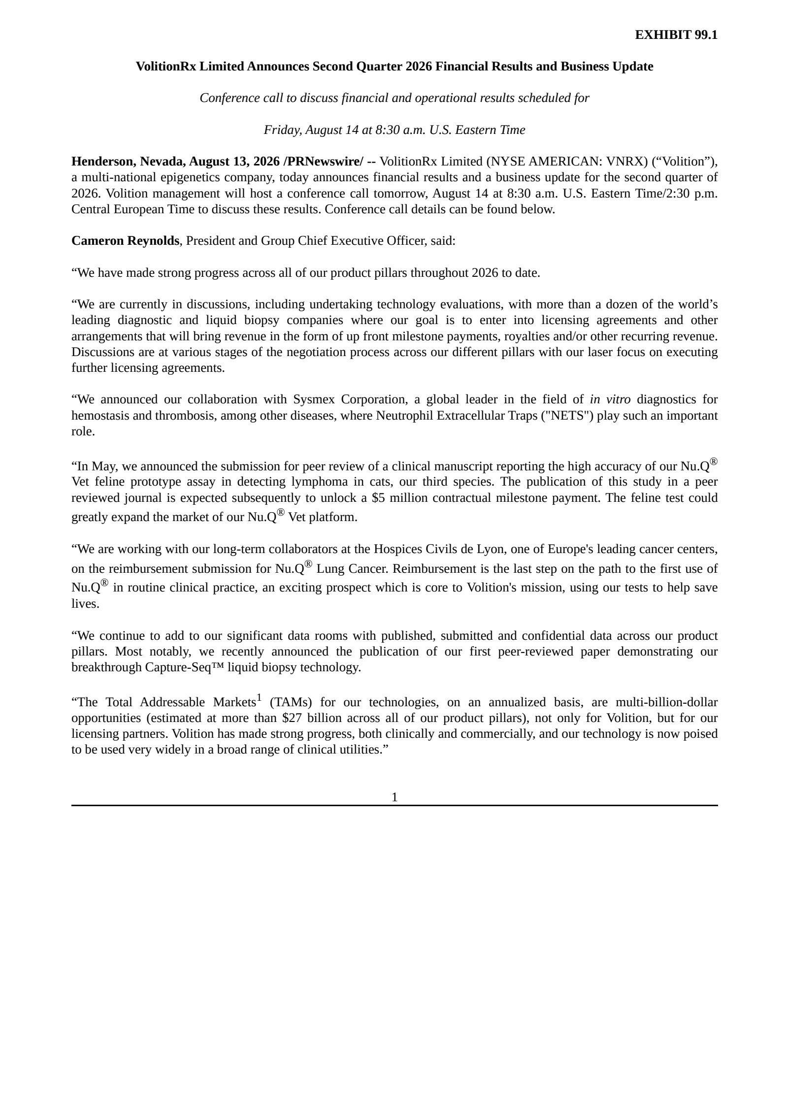 VolitionRX's Q2 2026 Press Release