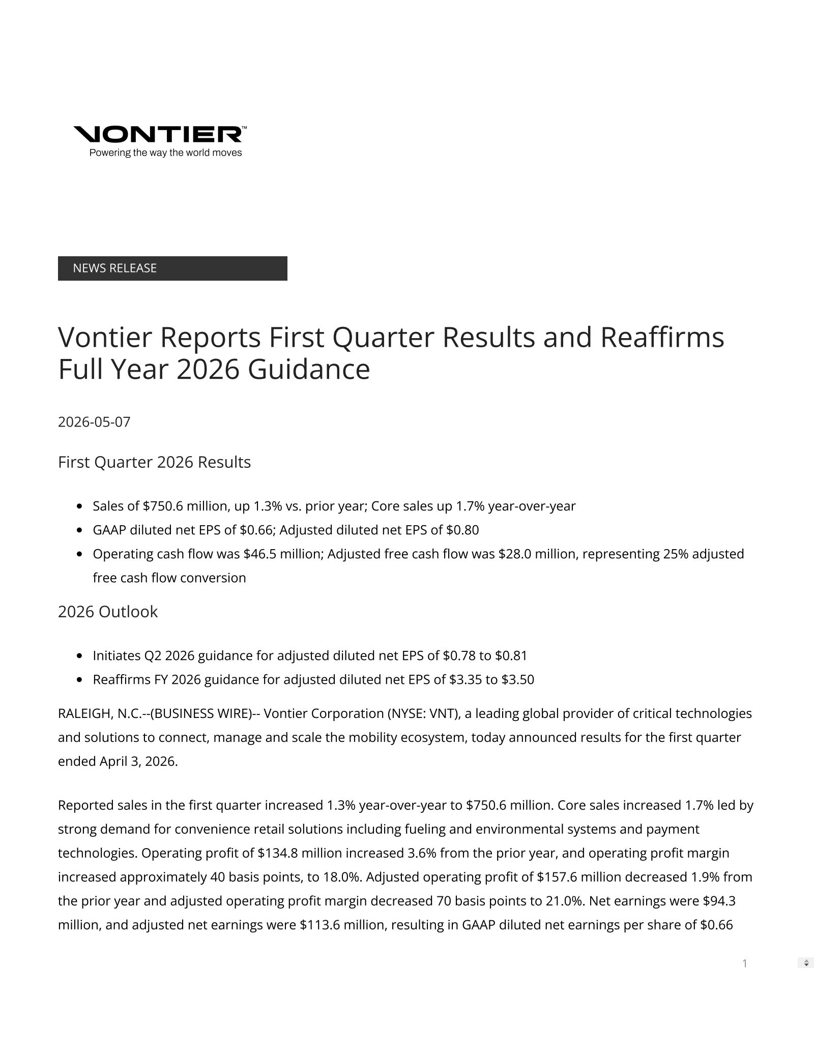 Vontier's Q1 2026 Press Release