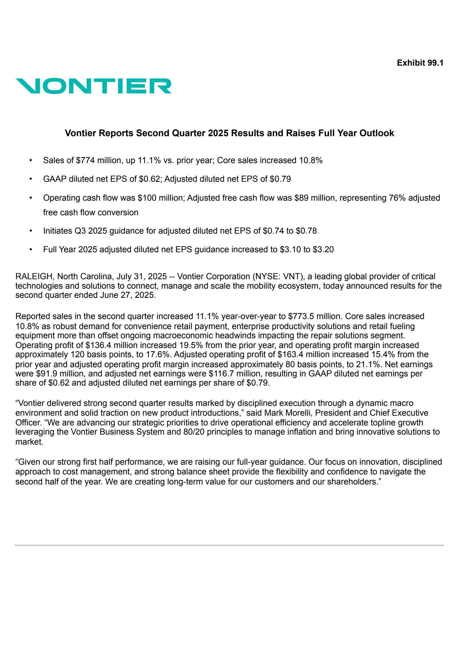 Vontier's Q2 2025 Press Release