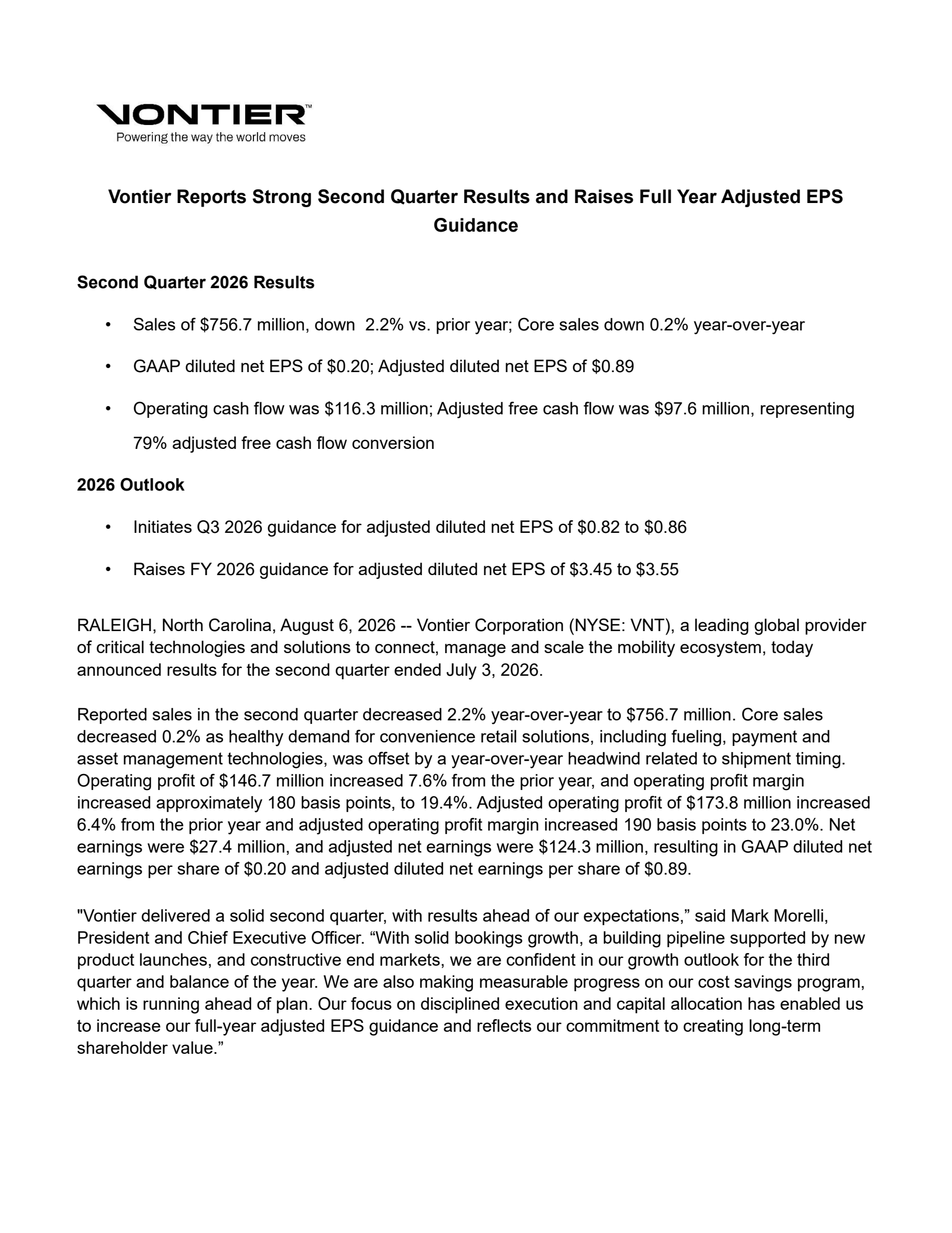 Vontier's Q2 2026 Press Release