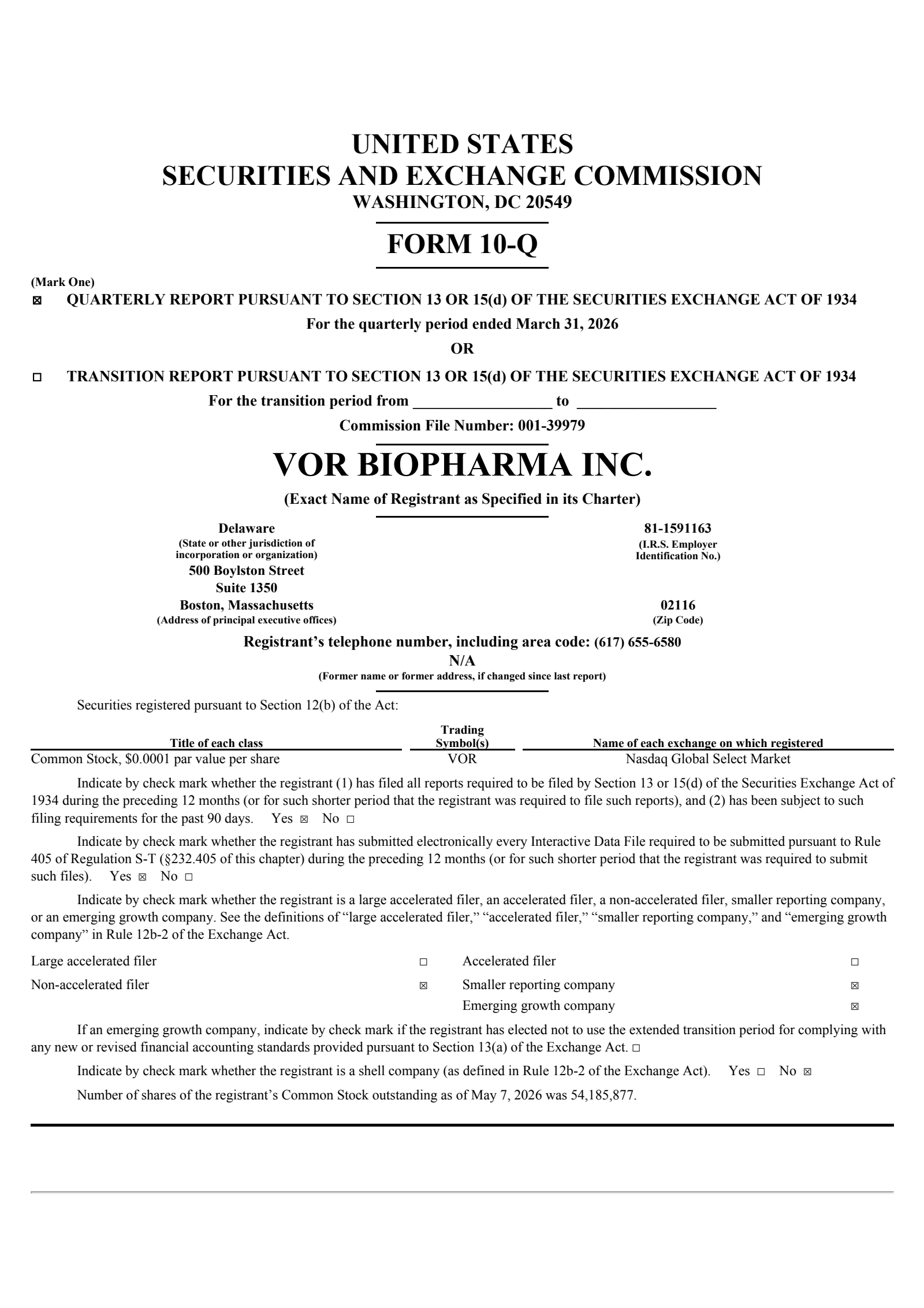 Vor Biopharma's Q1 2026 Quarterly report