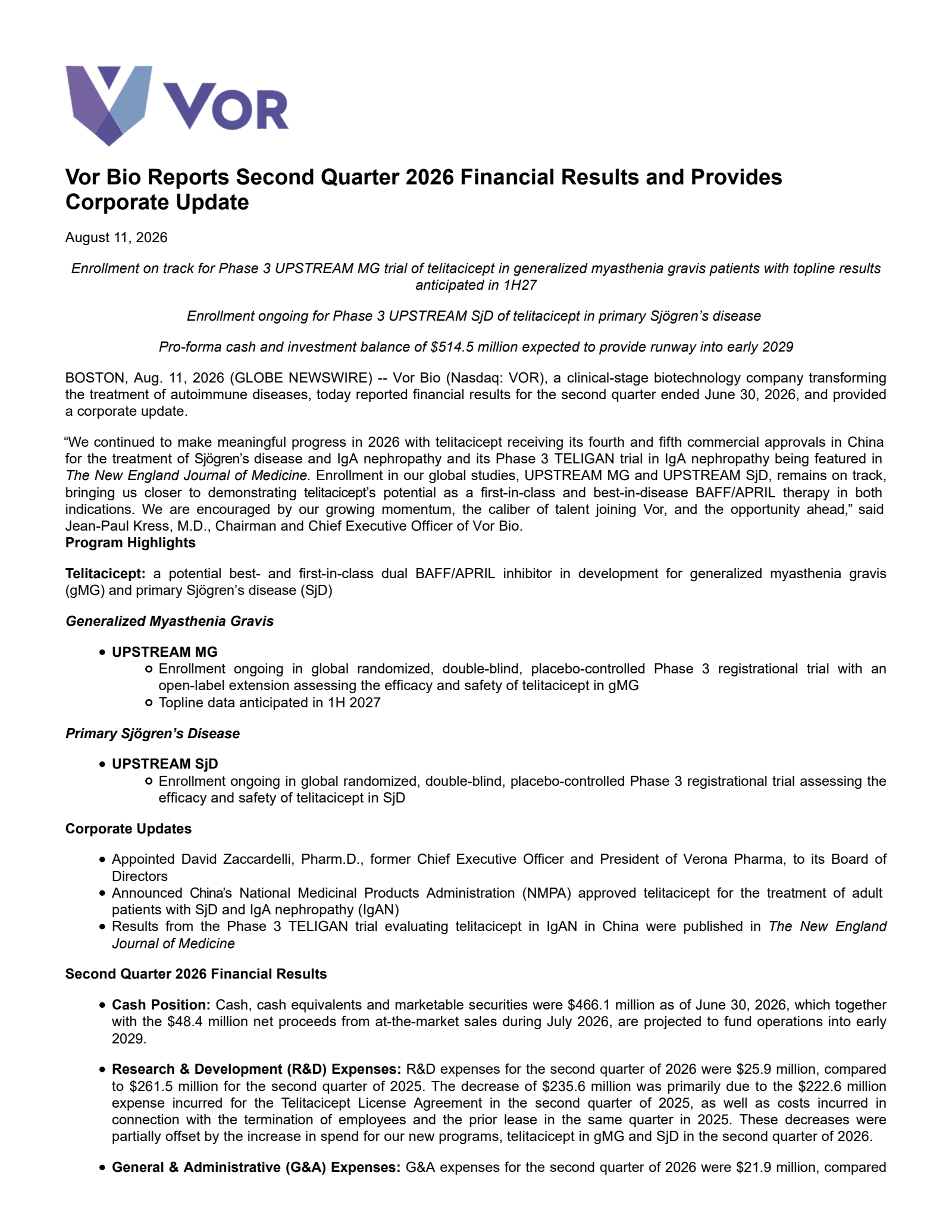 Vor Biopharma's Q2 2026 Press Release