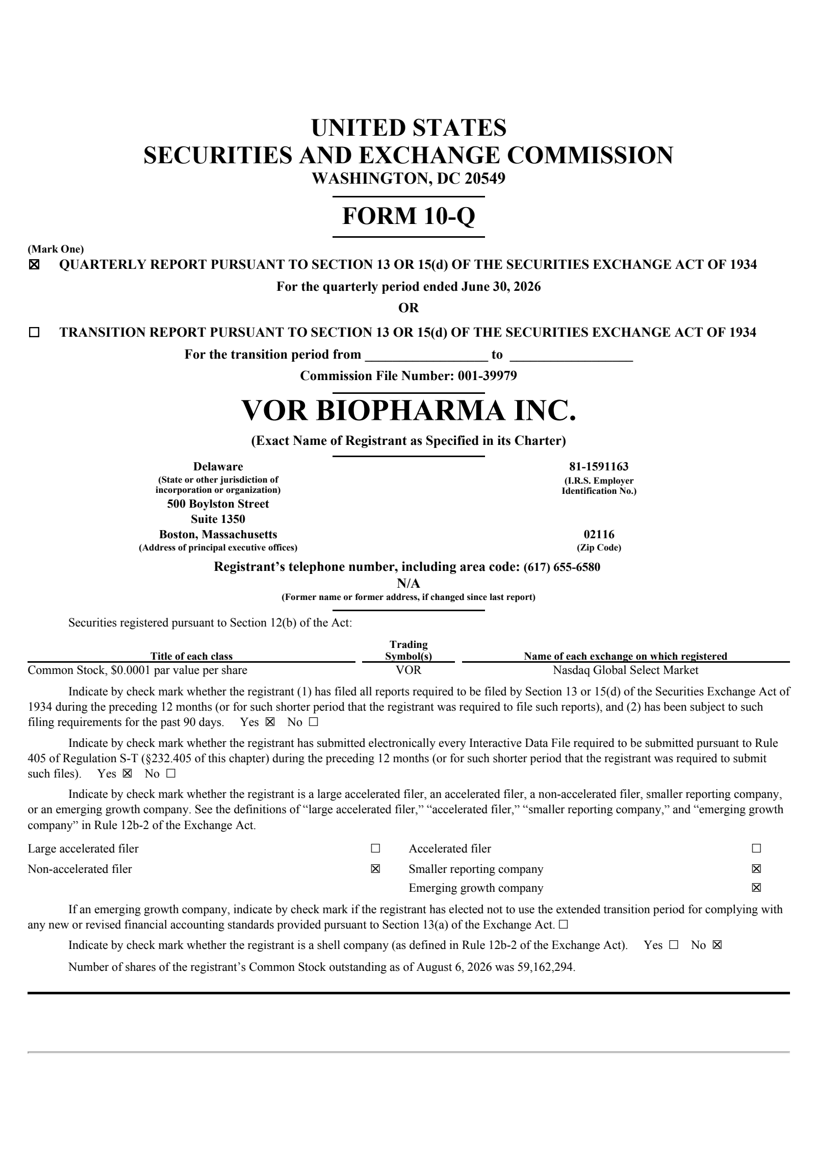 Vor Biopharma's Q2 2026 Quarterly report