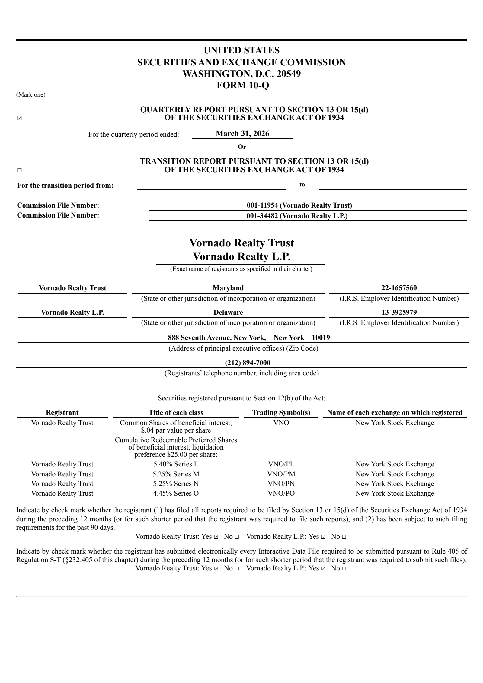 Vornado Realty Trust's Q1 2026 Quarterly report