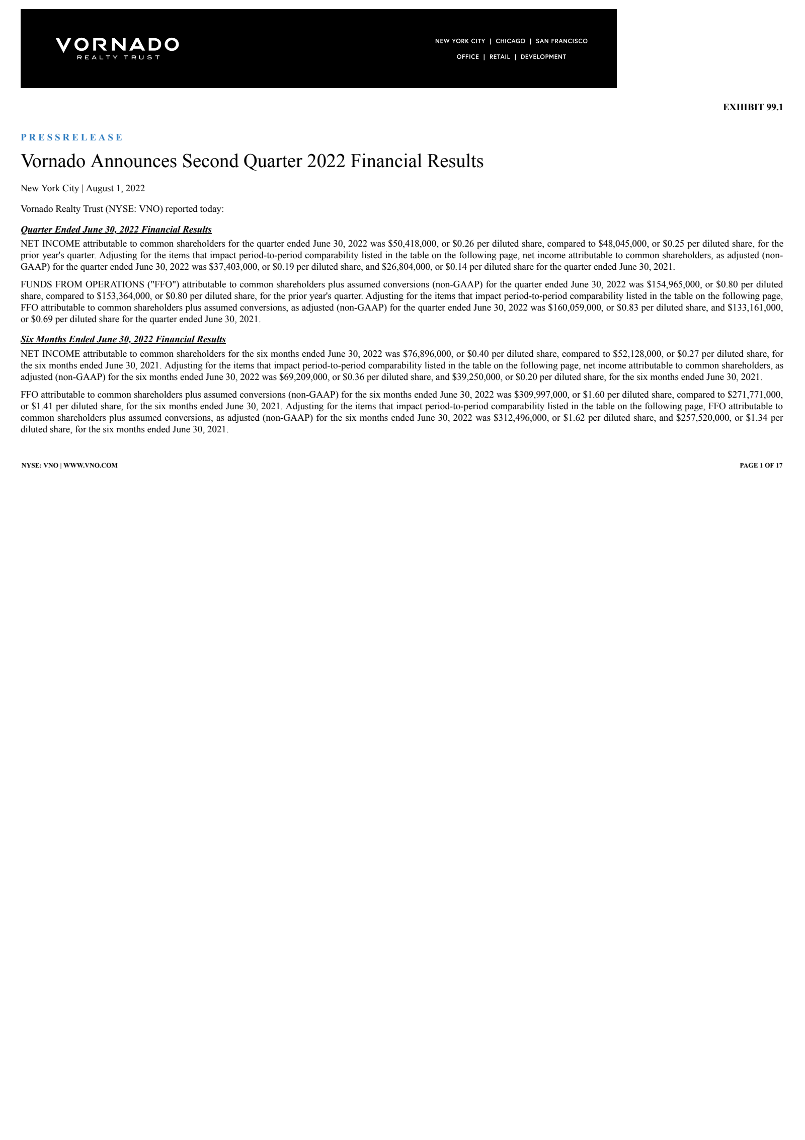 Vornado Realty Trust's Q2 2022 Earnings Release