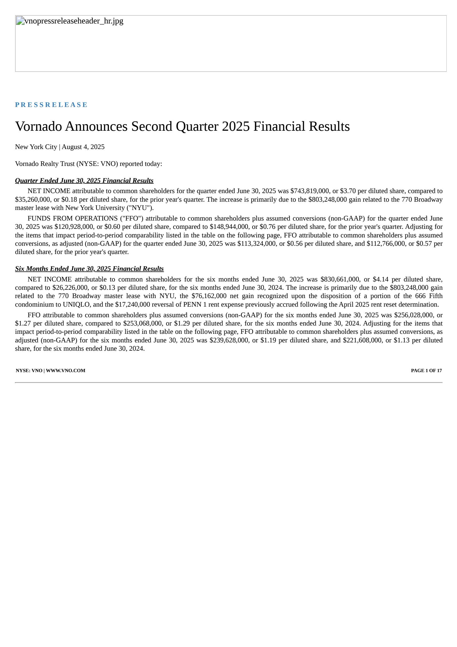 Vornado Realty Trust's Q2 2025 Press Release