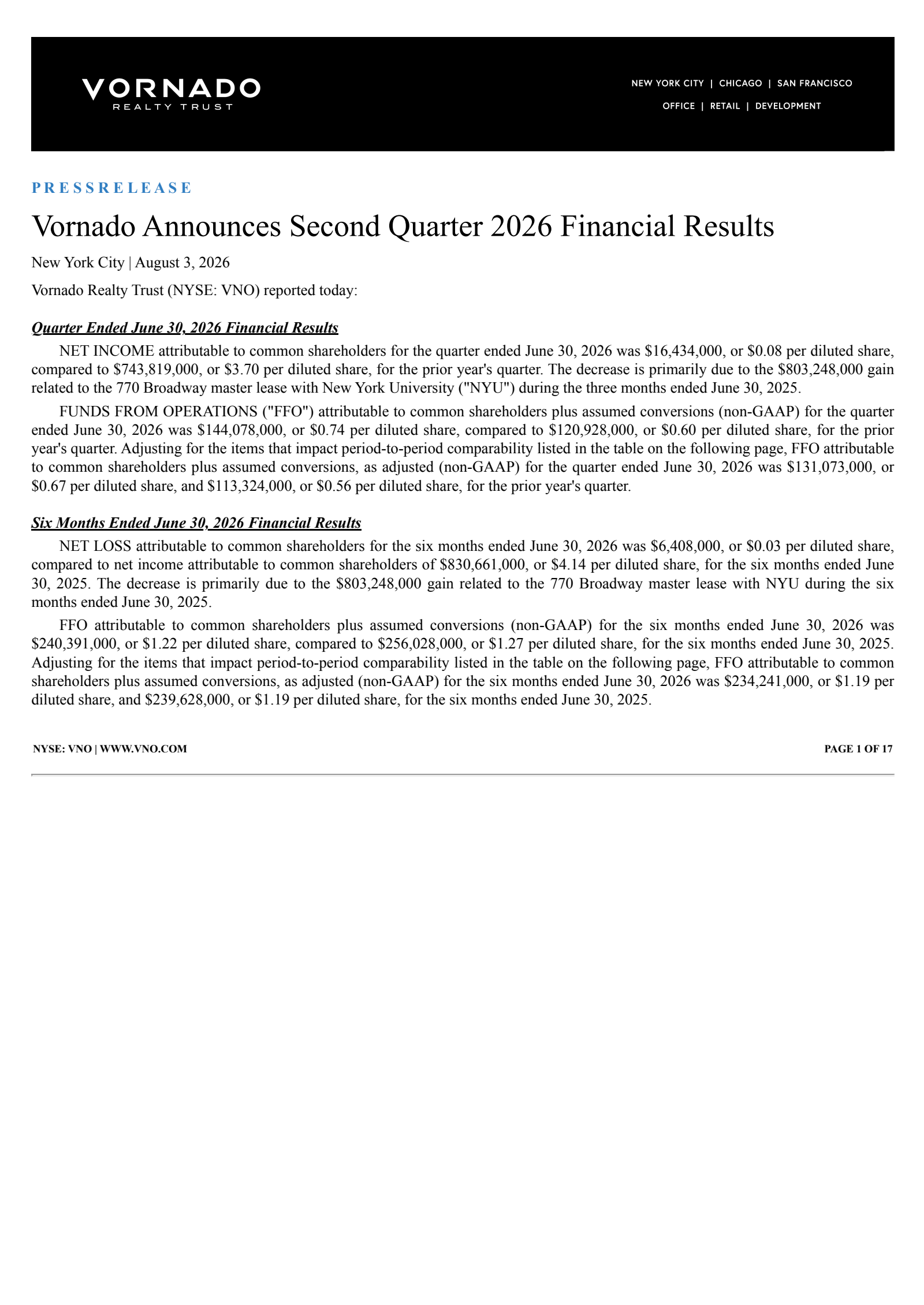 Vornado Realty Trust's Q2 2026 Press Release