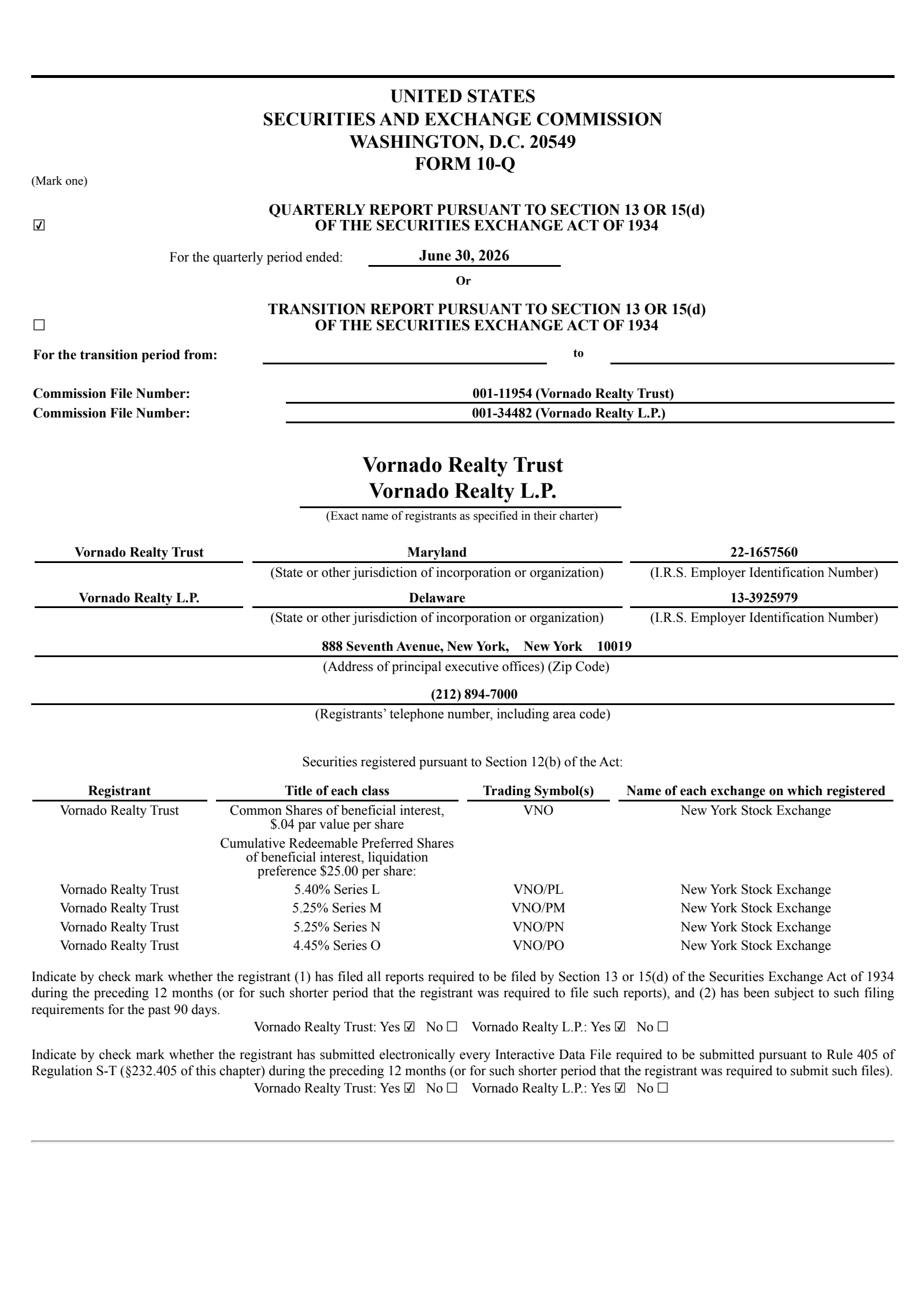 Vornado Realty Trust's Q2 2026 Quarterly report