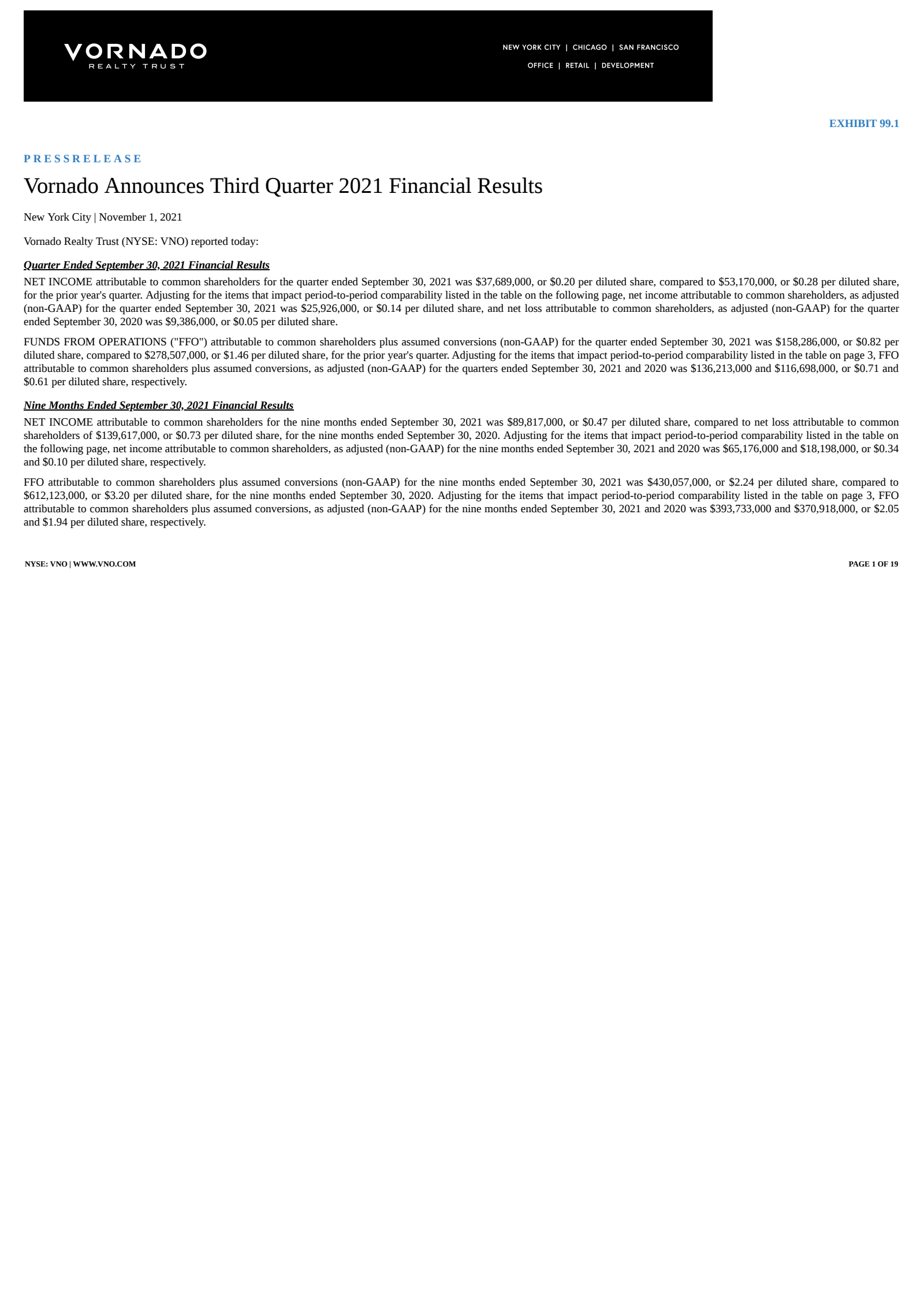 Vornado Realty Trust's Q3 2021 Earnings Release