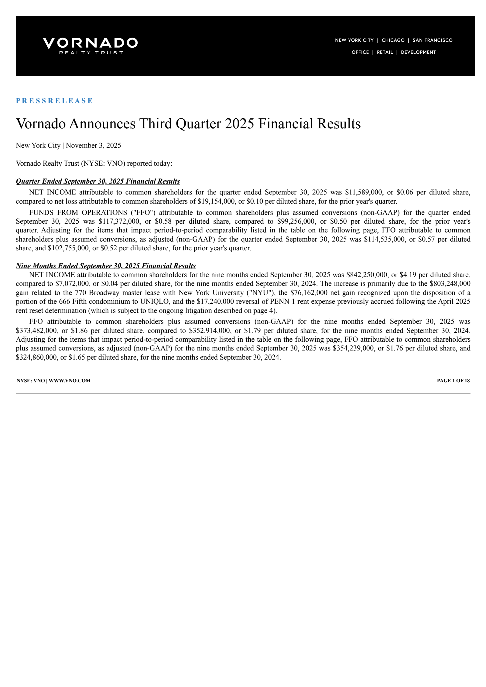 Vornado Realty Trust's Q3 2025 Earnings Release