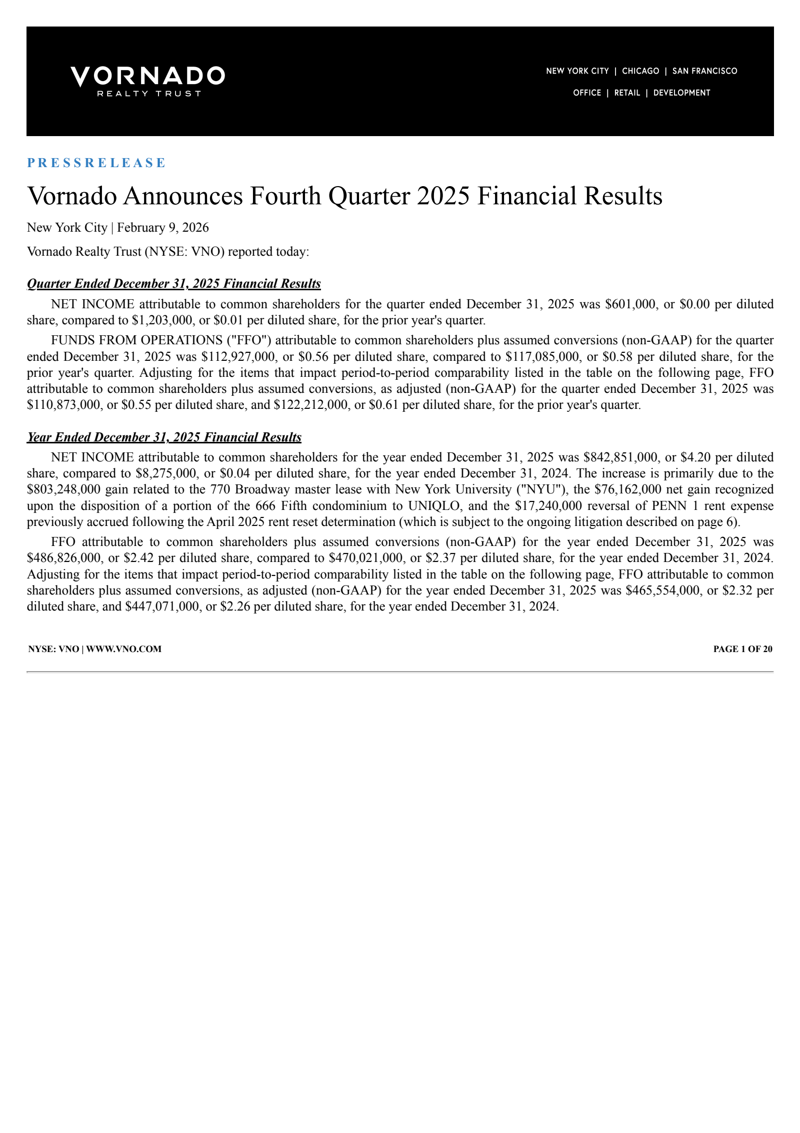 Vornado Realty Trust's Q4 2025 Press Release