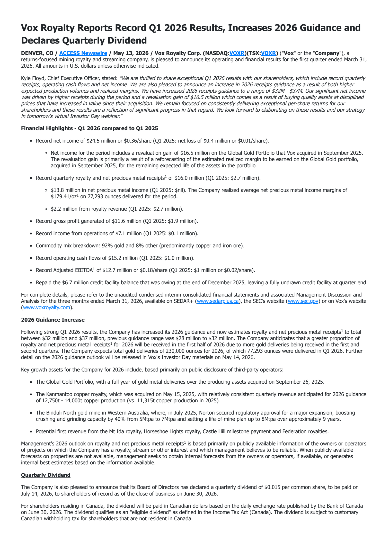 Vox Royalty's Q1 2026 Press Release