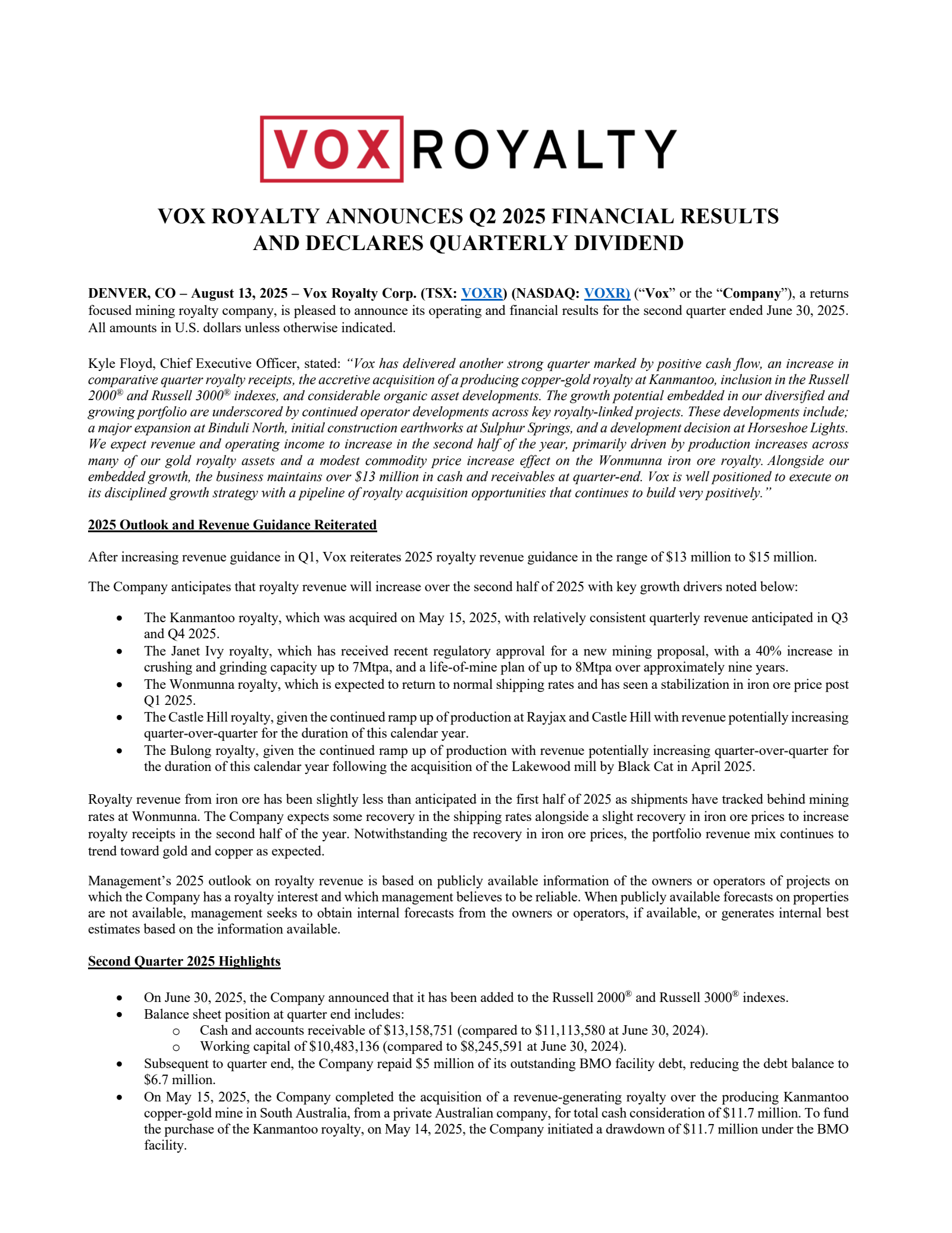 Vox Royalty's Q2 2025 Press Release