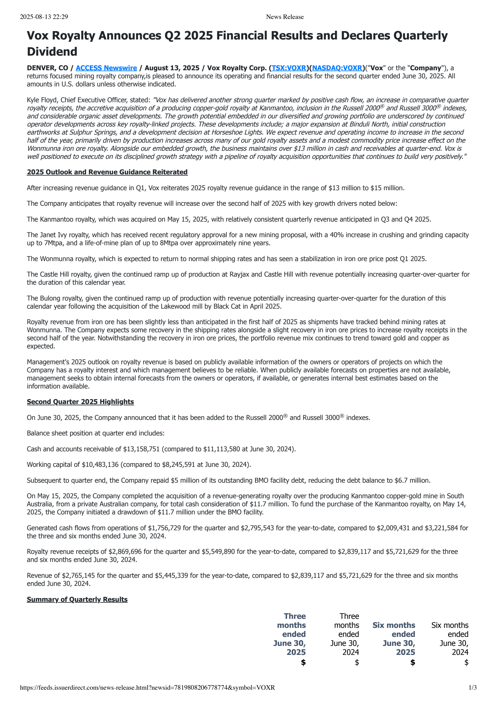Vox Royalty's Q2 2025 Press Release