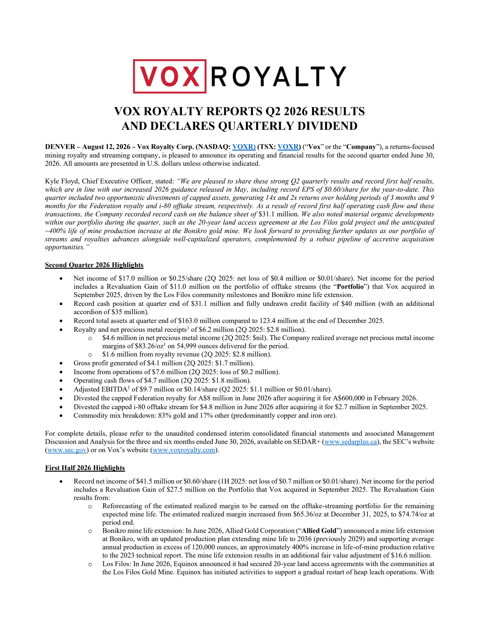 Vox Royalty's Q2 2026 Press Release