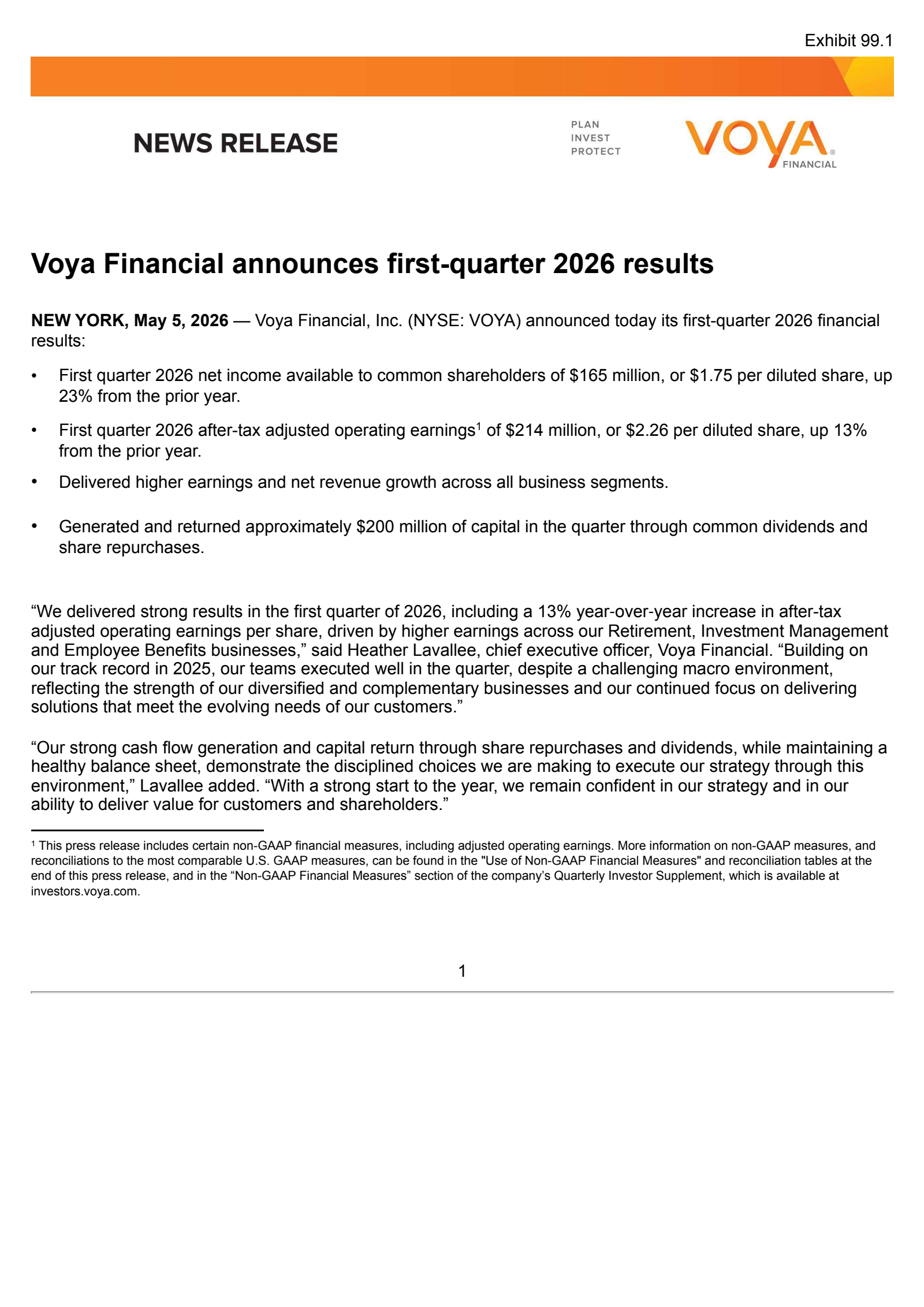 Voya Financial's Q1 2026 Press Release