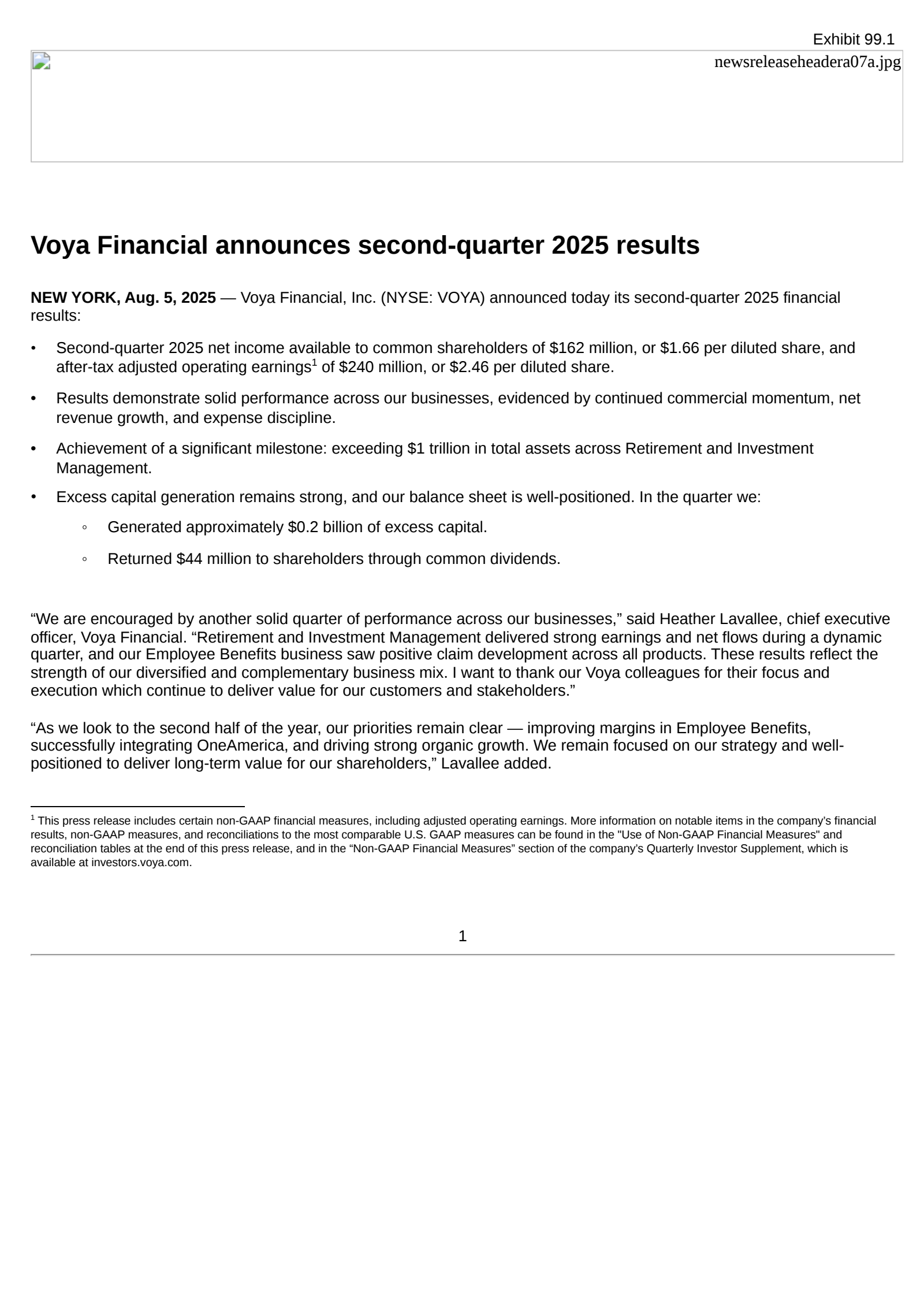 Voya Financial's Q2 2025 Press Release