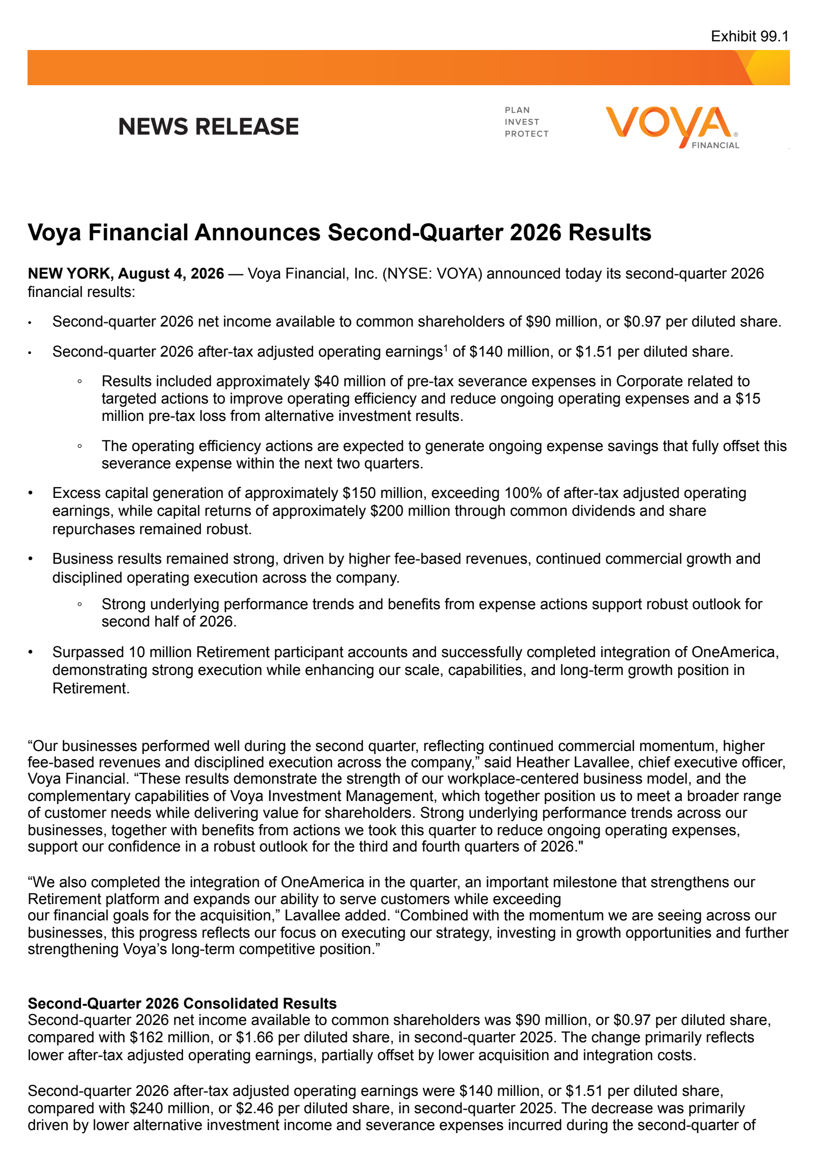 Voya Financial's Q2 2026 Press Release
