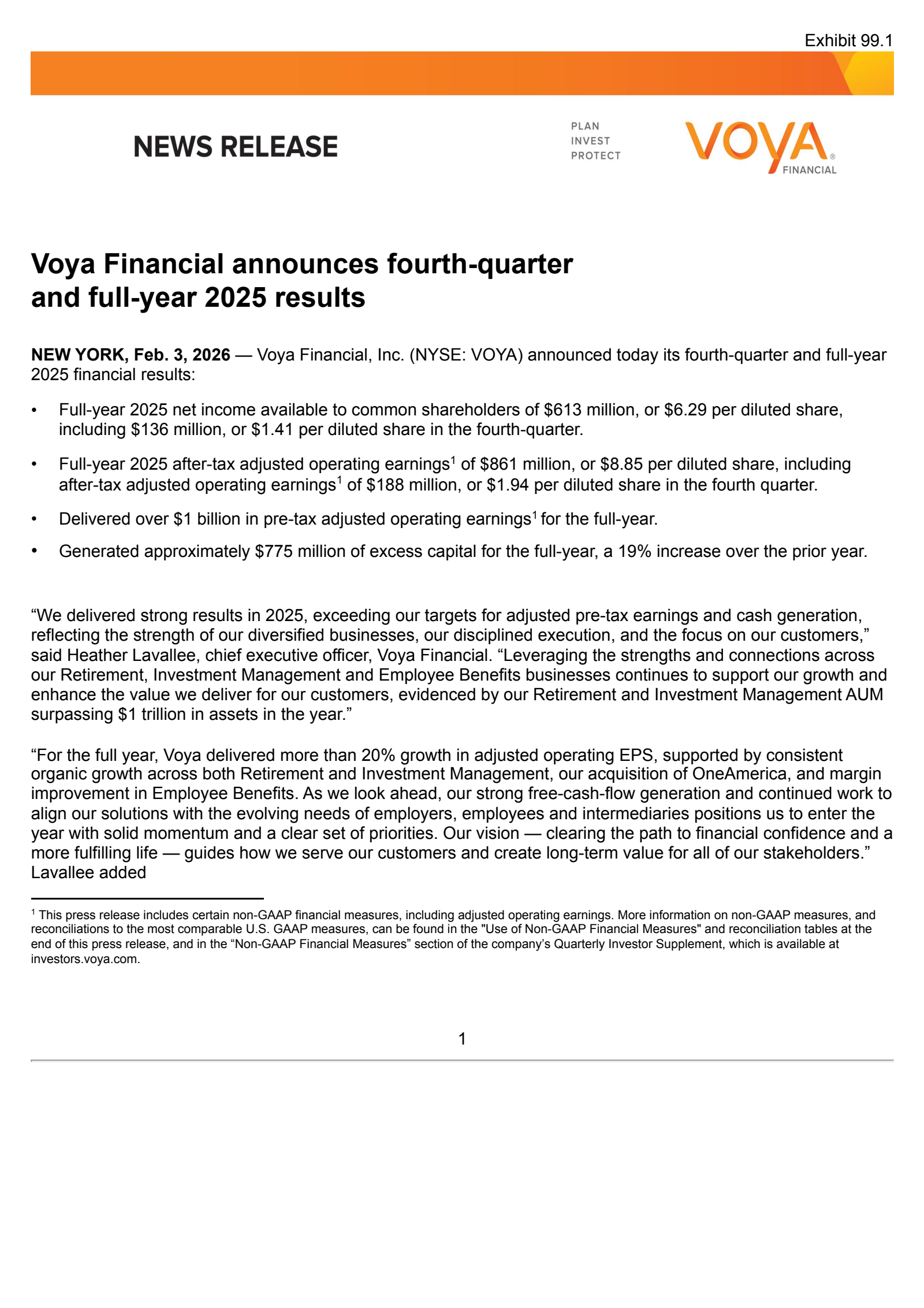 Voya Financial's Q4 2025 Press Release