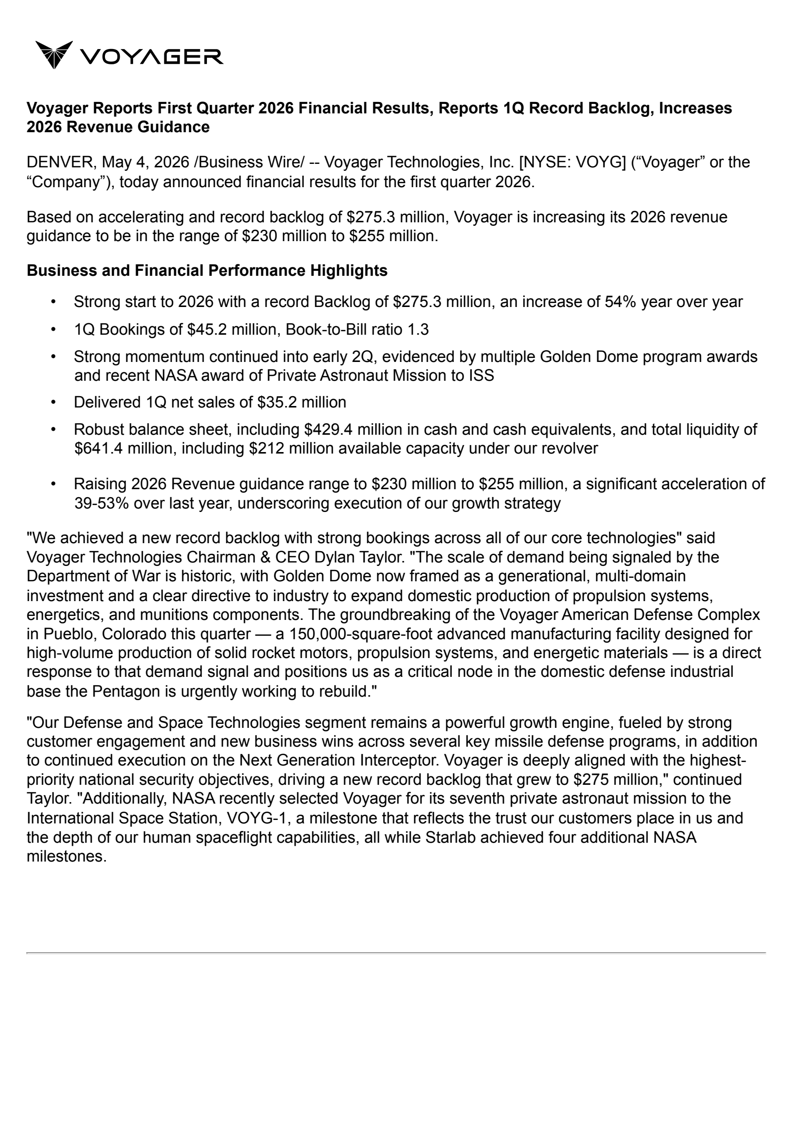 Voyager Technologies' Q1 2026 Press Release